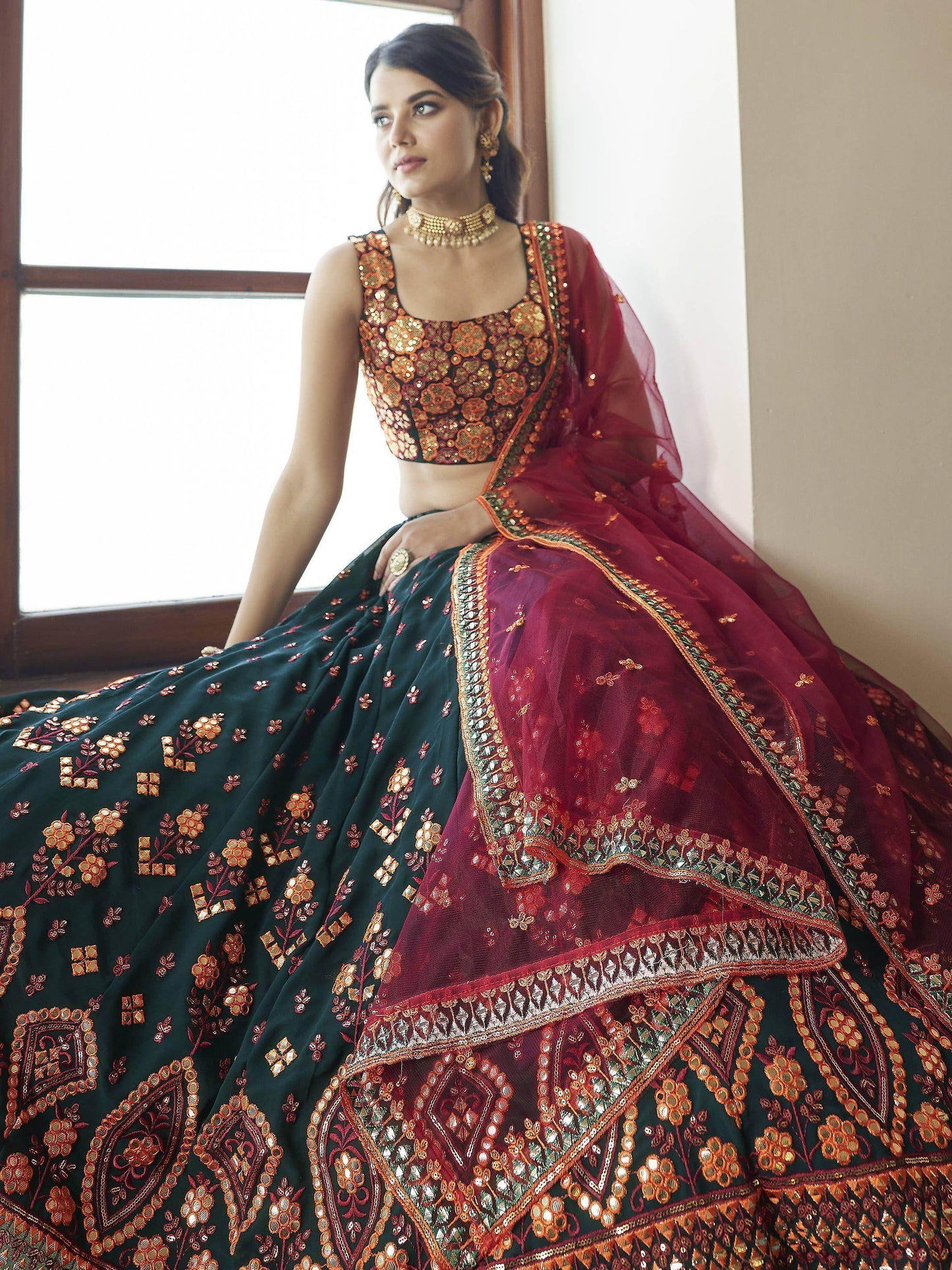 Miraculous Green Gota Patti Embroidered Georgette Party Wear Lehenga Choli