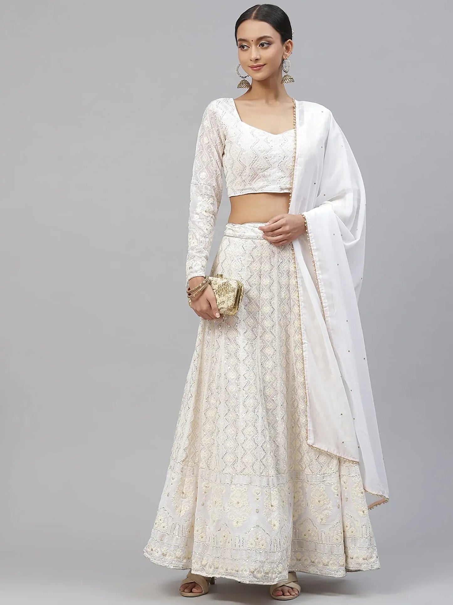 Impressive White Sequins Bridesmaid Monochrome Lehenga Choli