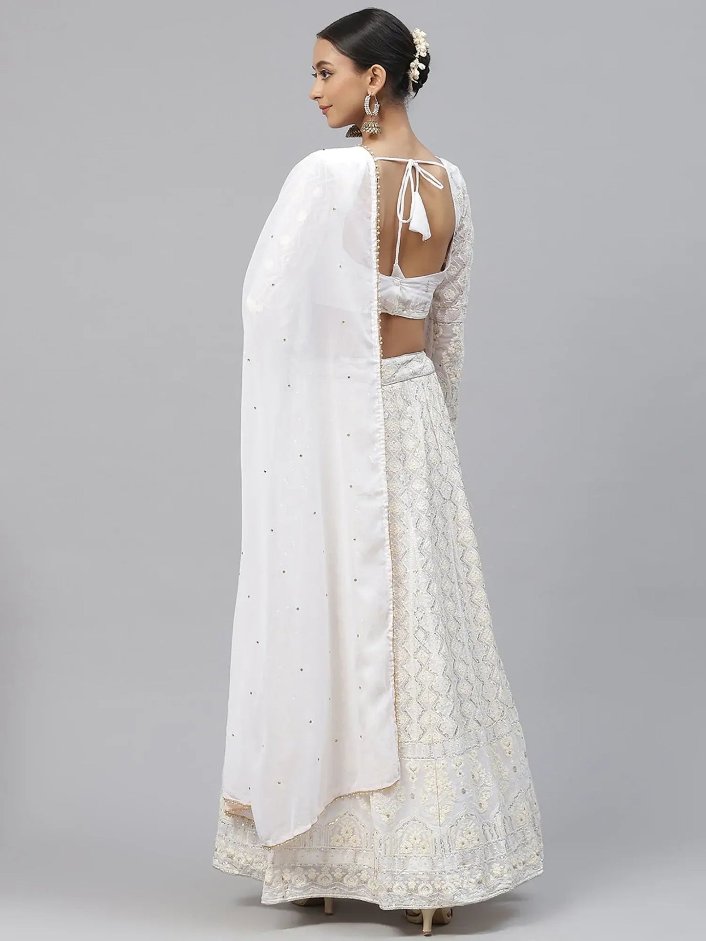 Impressive White Sequins Bridesmaid Monochrome Lehenga Choli