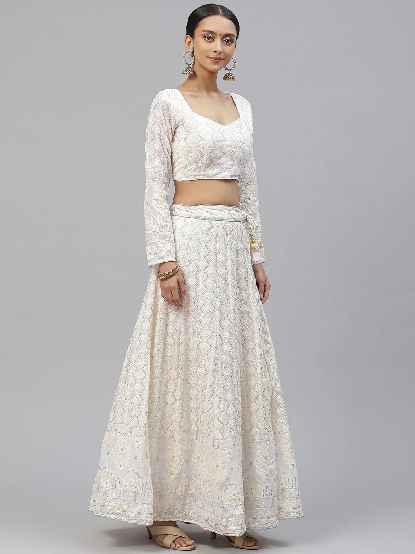 Impressive White Sequins Bridesmaid Monochrome Lehenga Choli