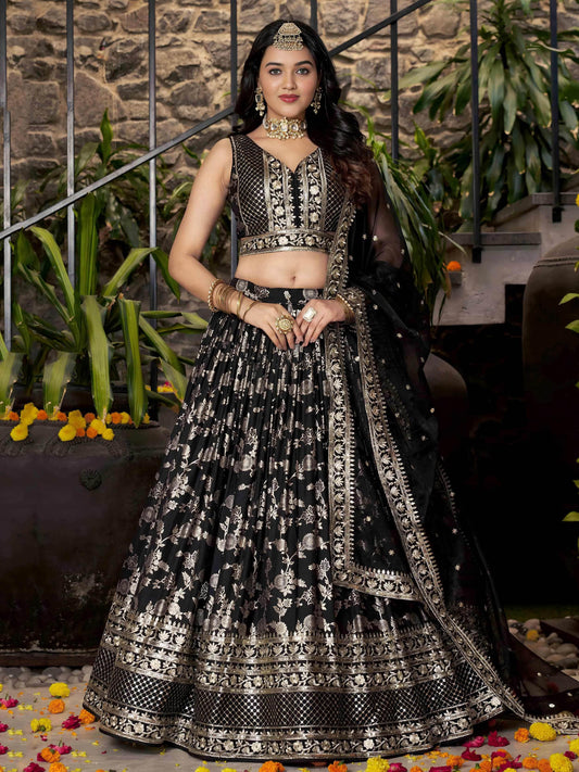 Delicate Black Silk Zari Embroidered Lehenga Choli With Dupatta