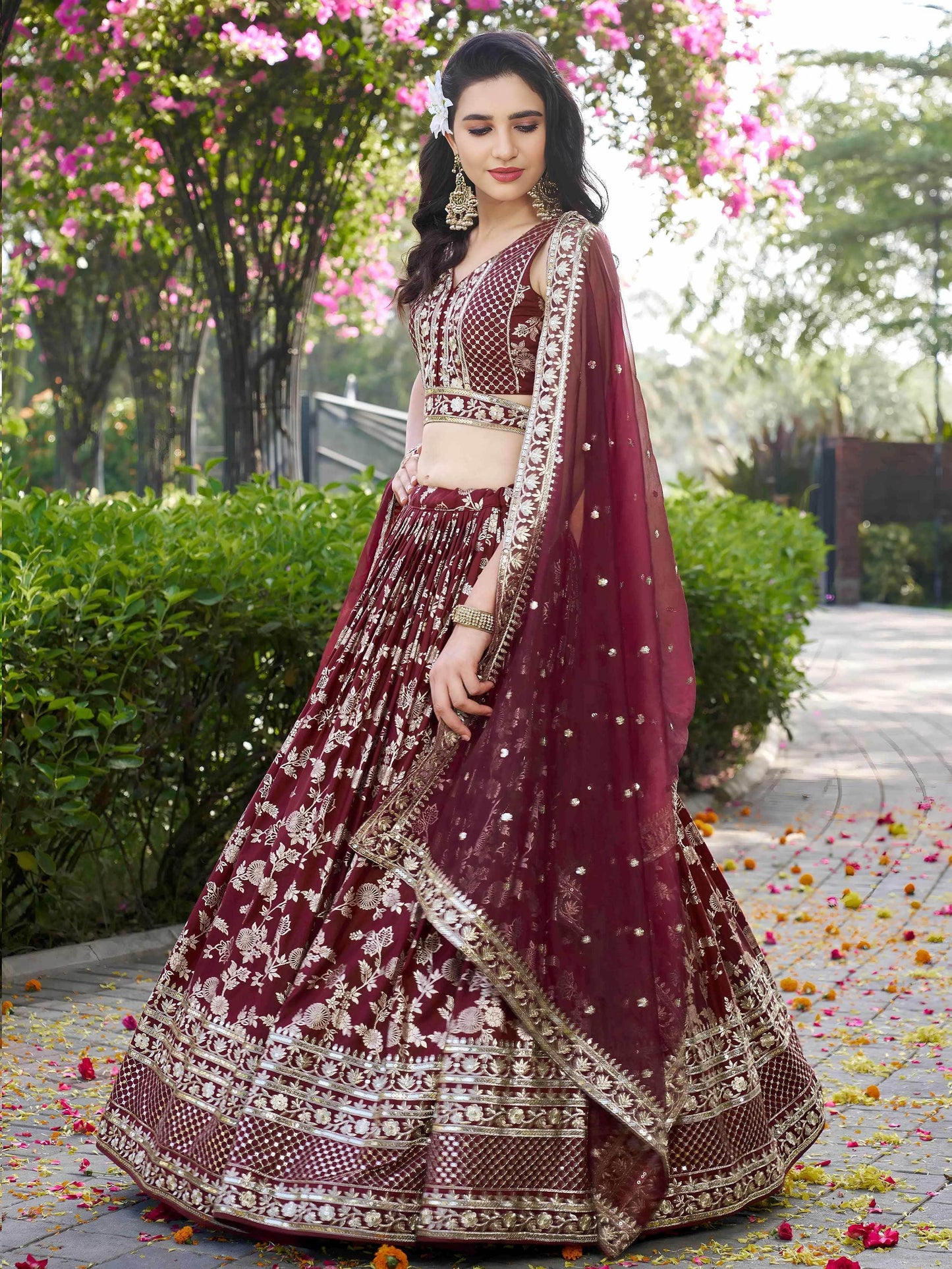Impressive Maroon Thread Work Silk Lehenga Choli With Dupatta