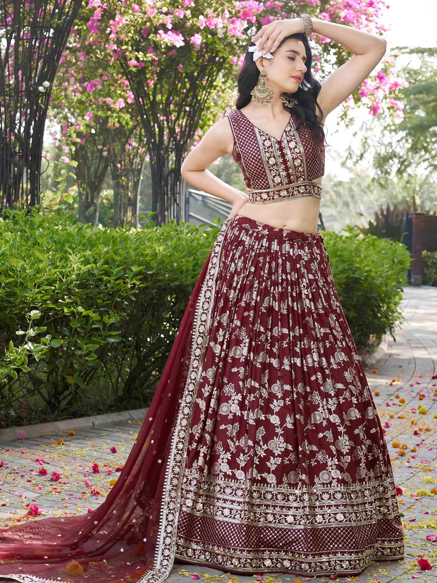 Impressive Maroon Thread Work Silk Lehenga Choli With Dupatta