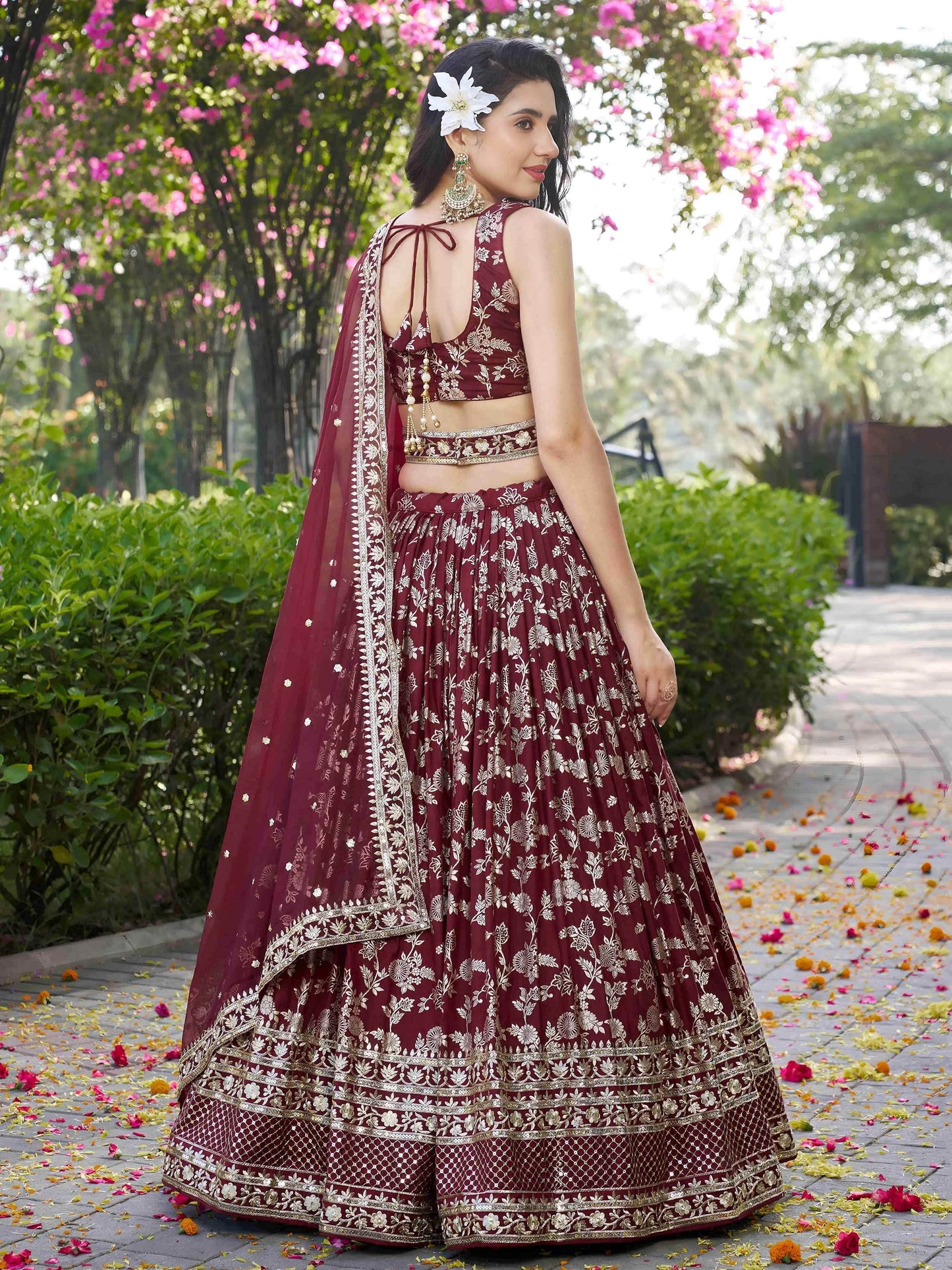 Impressive Maroon Thread Work Silk Lehenga Choli With Dupatta