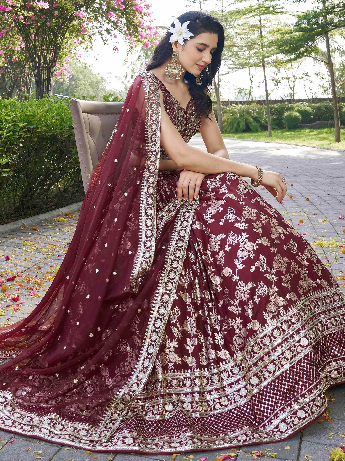 Impressive Maroon Thread Work Silk Lehenga Choli With Dupatta