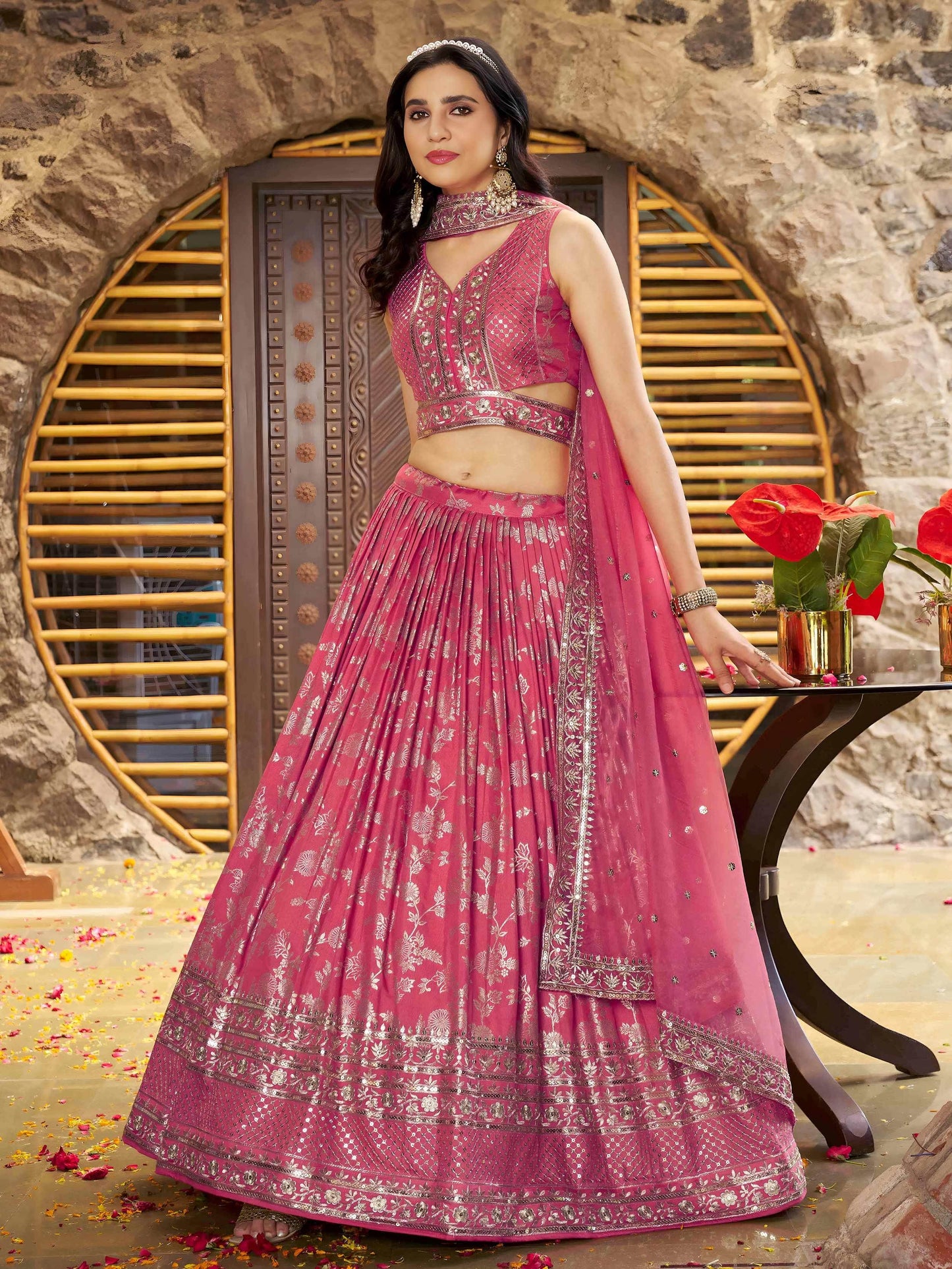 Striking Peach Silk Reception Wear Lehenga Choli With Dupatta