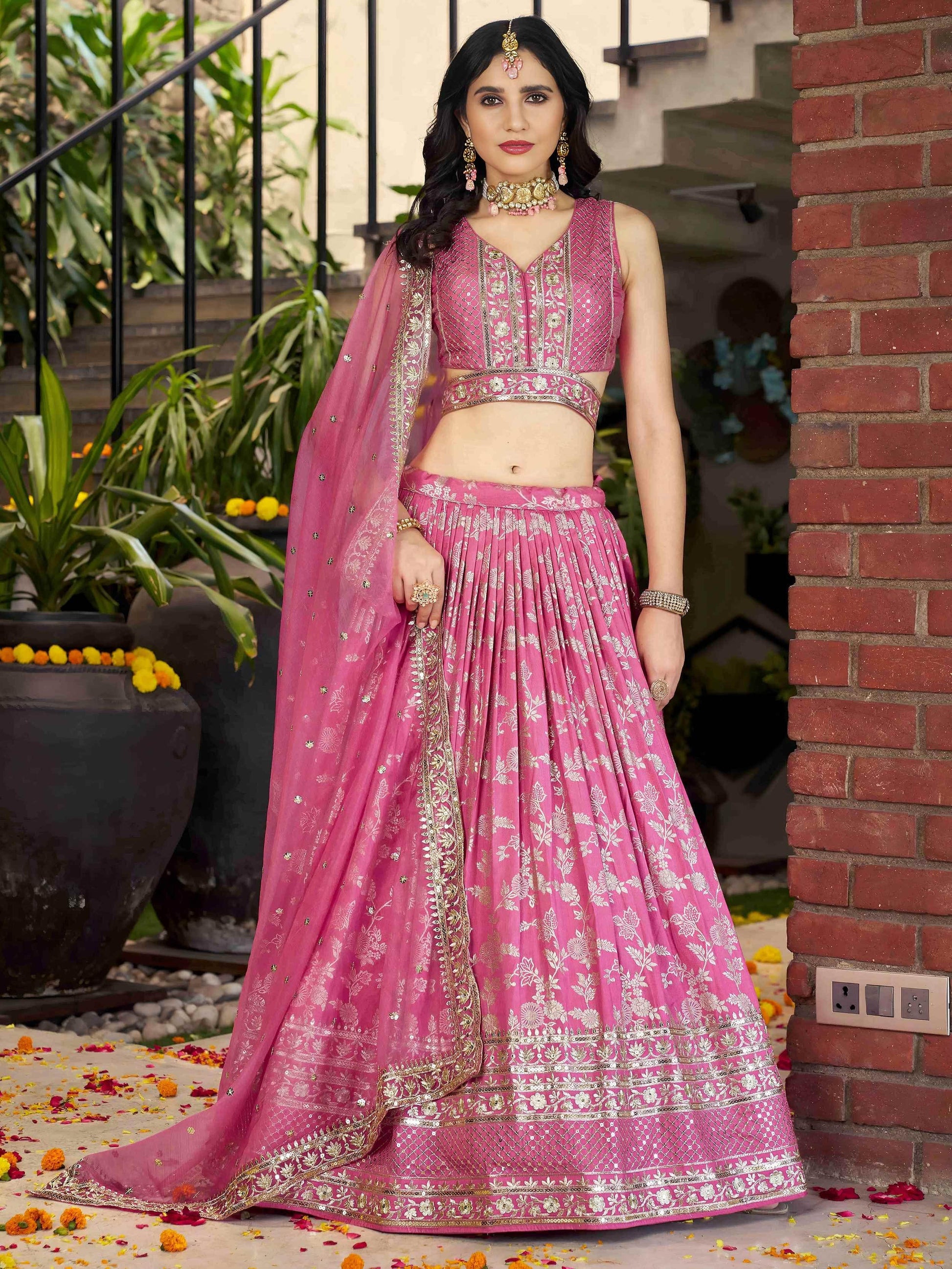 Bold Pink Silk Engagement Wear Lehenga Choli With Dupatta