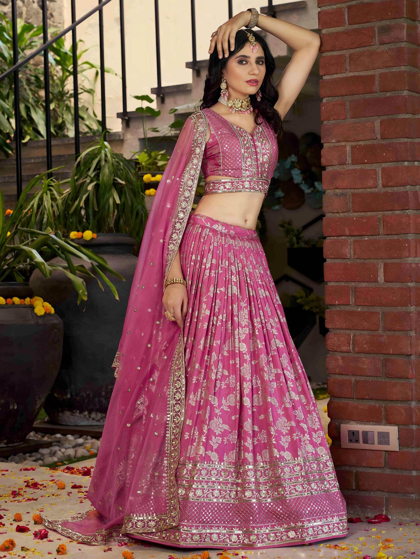 Bold Pink Silk Engagement Wear Lehenga Choli With Dupatta
