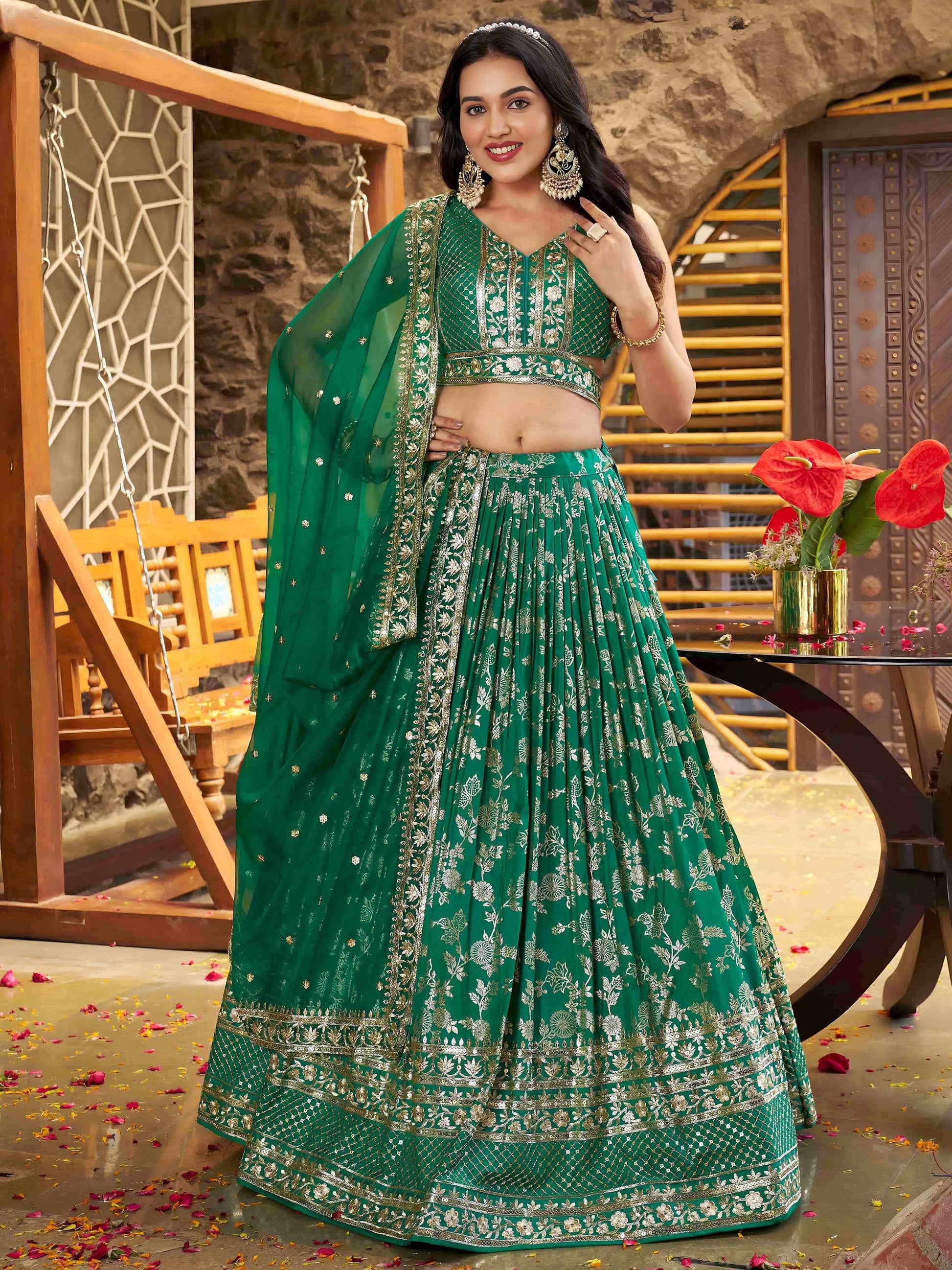 Rich Rama Green Zari Embroidered Traditional Lehenga Choli