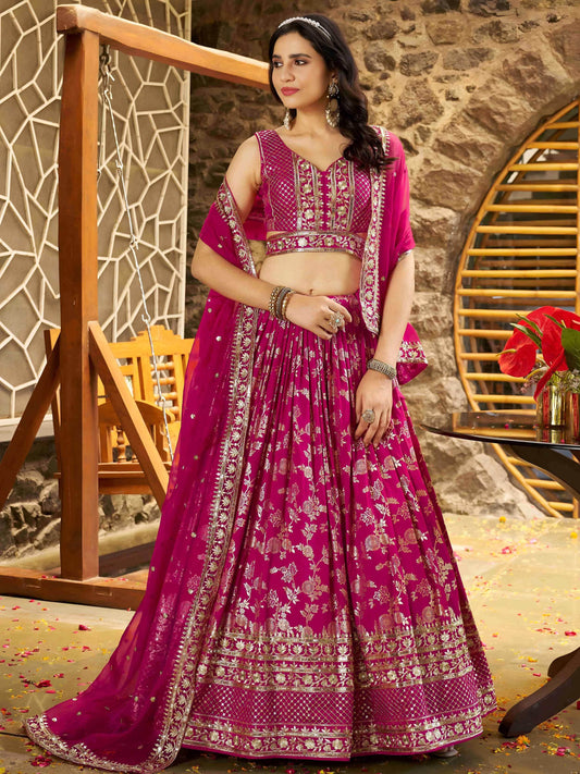 Captivating Rani Pink Thread Embroidery Wedding Wear Lehenga Choli