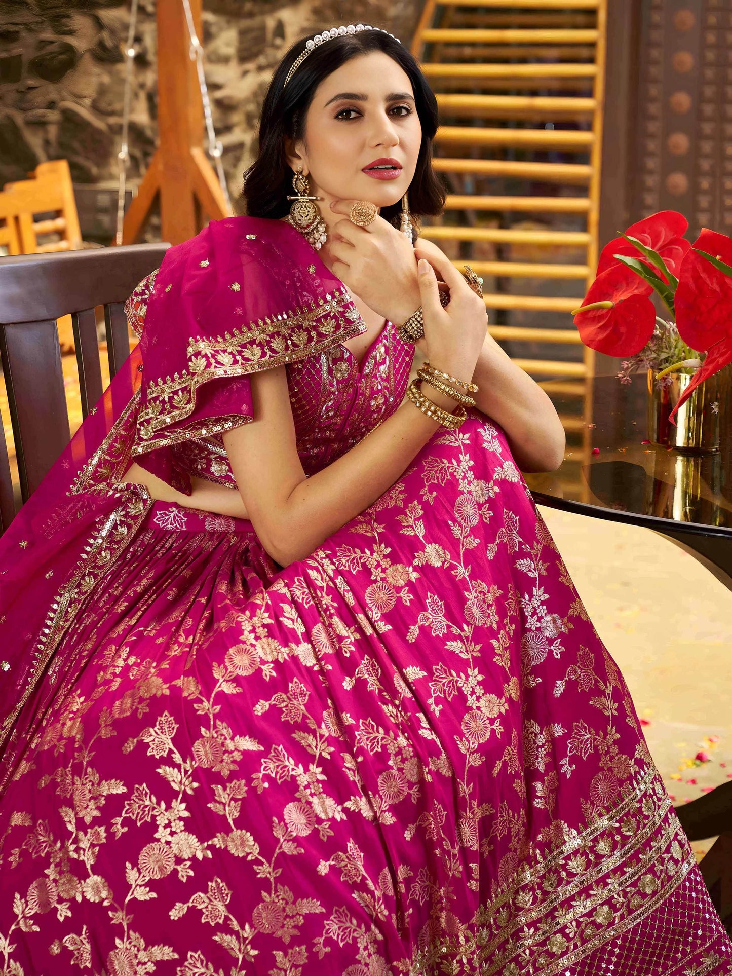 Captivating Rani Pink Thread Embroidery Wedding Wear Lehenga Choli