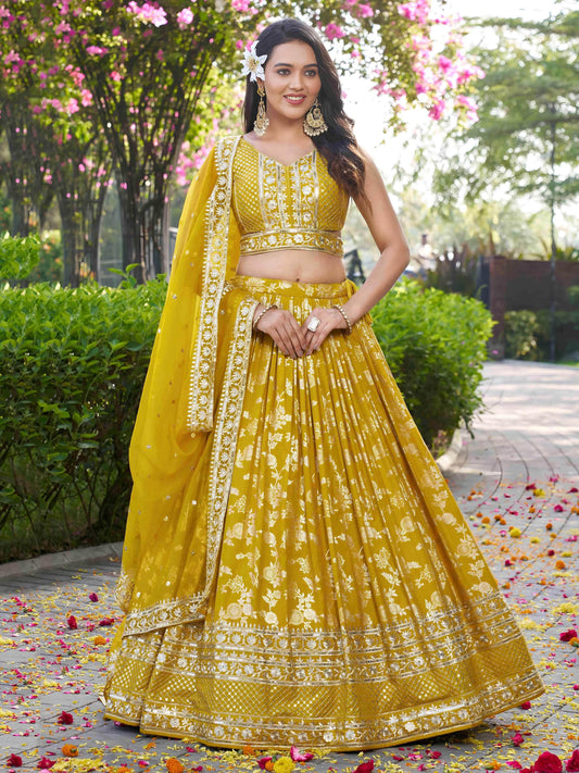 Alluring Yellow Silk Embroidered Haldi Wear Lehenga Choli