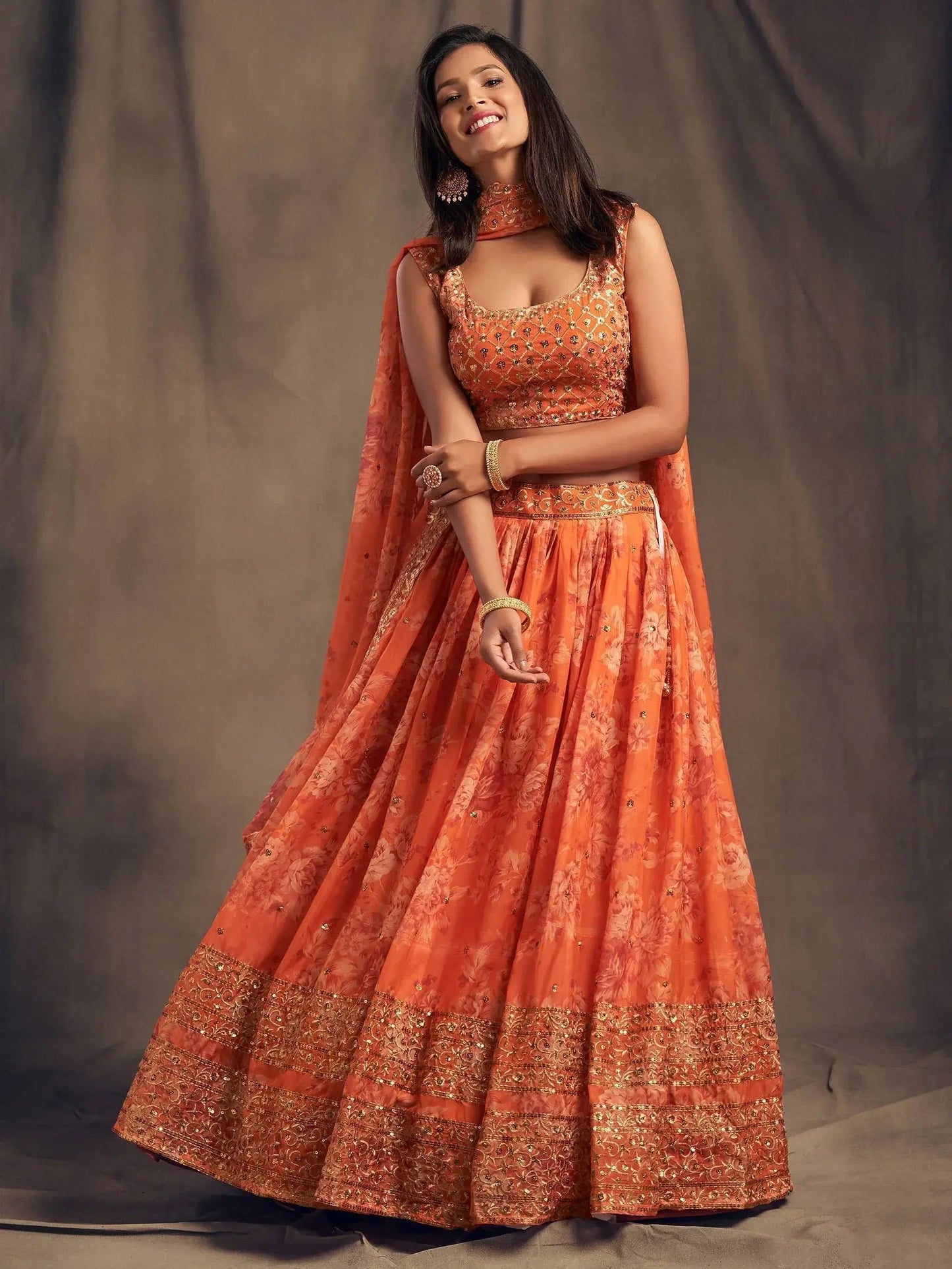 Orange Floral Embroidered Organza Wedding Wear Lehenga Choli