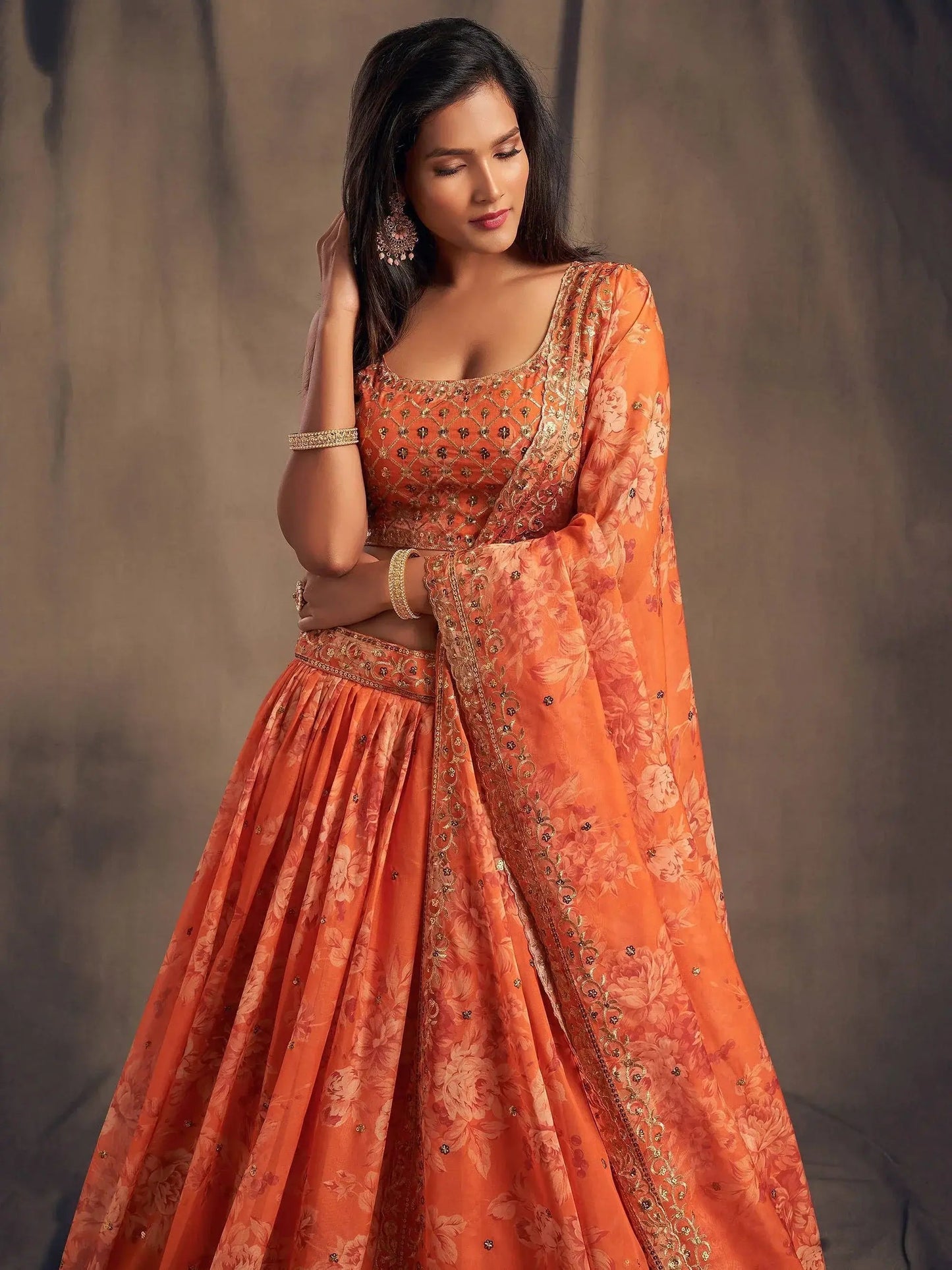 Orange Floral Embroidered Organza Wedding Wear Lehenga Choli