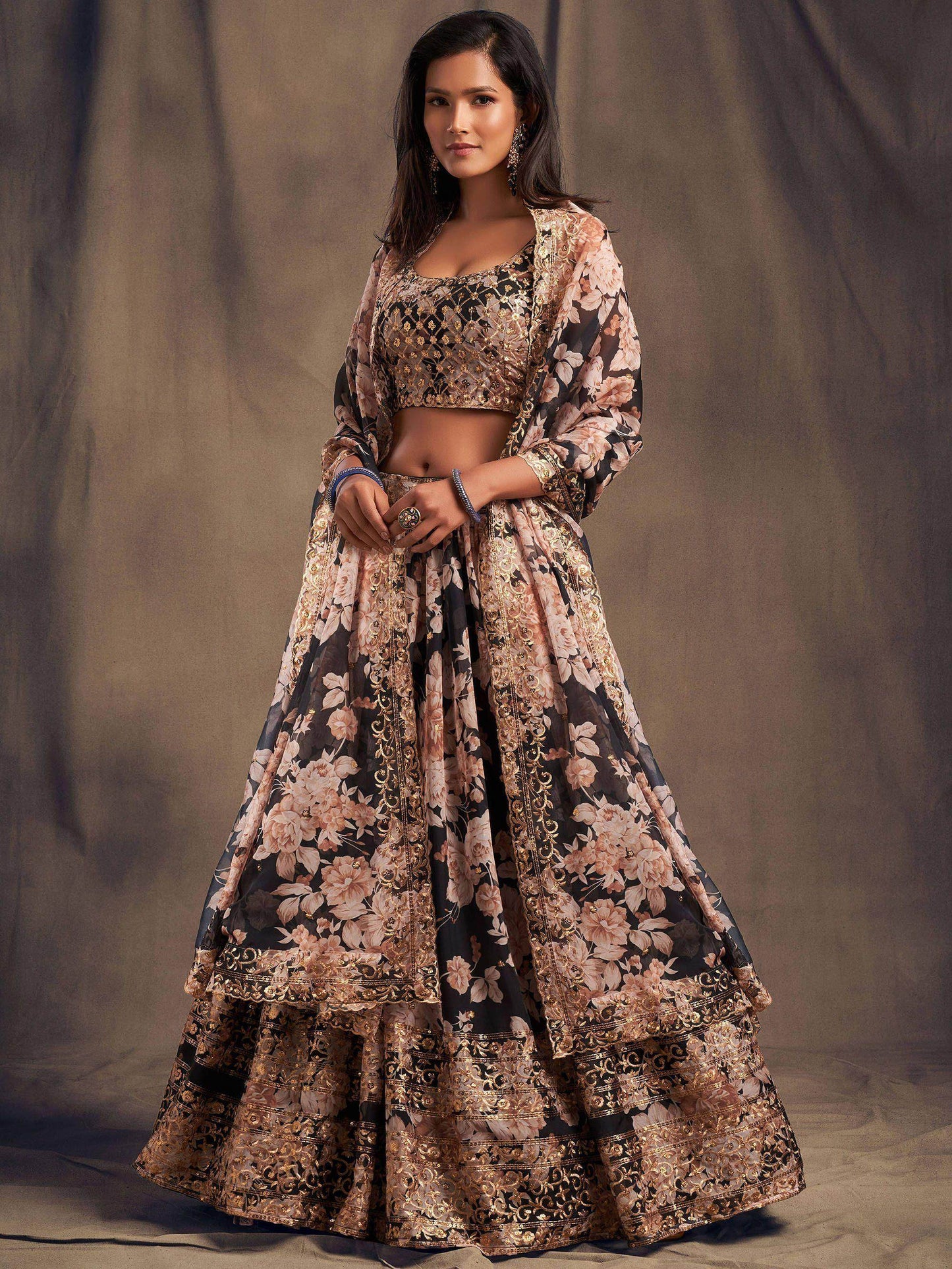Black Floral Embroidered Organza Wedding Wear Lehenga Choli