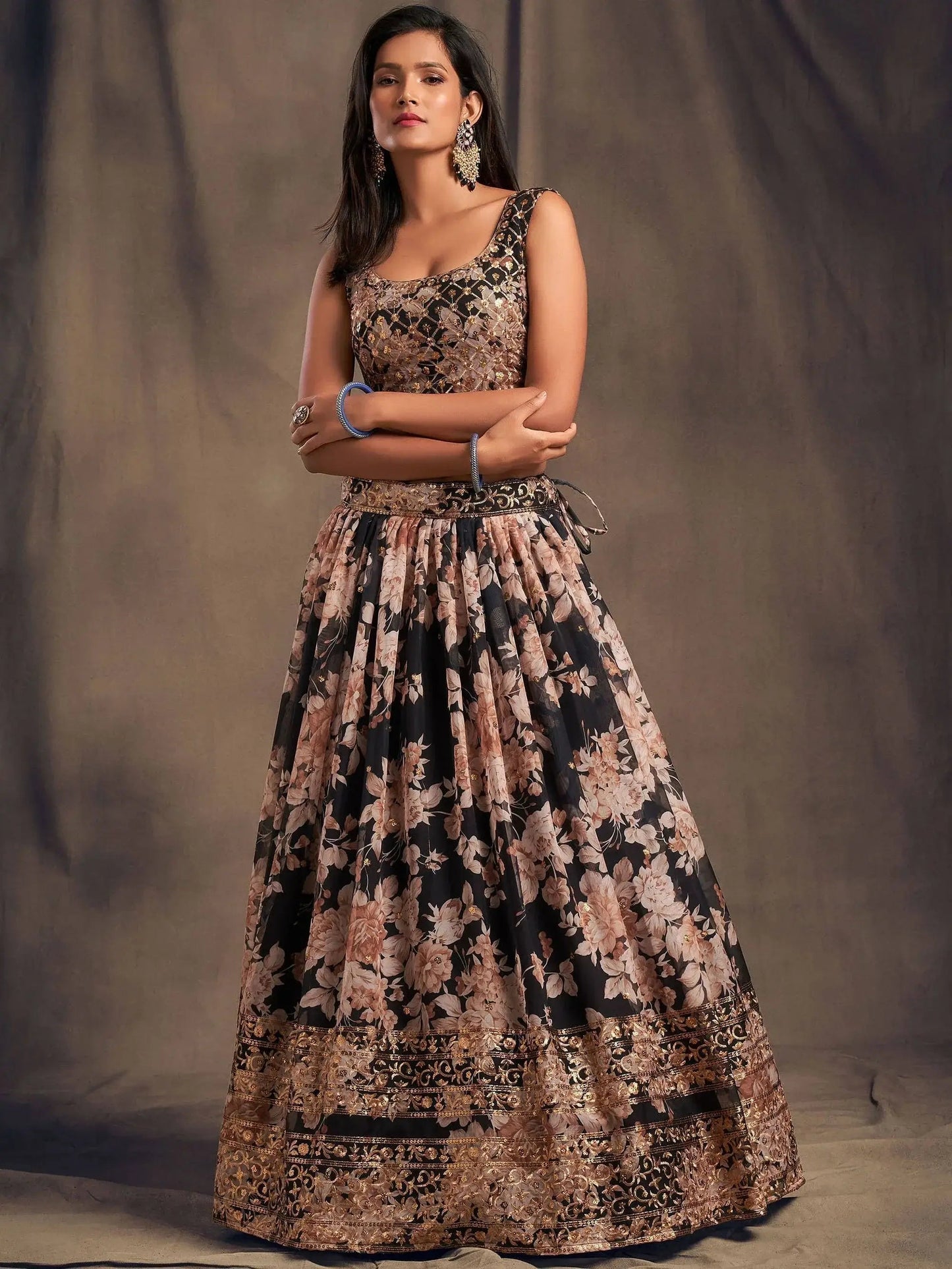 Black Floral Embroidered Organza Wedding Wear Lehenga Choli
