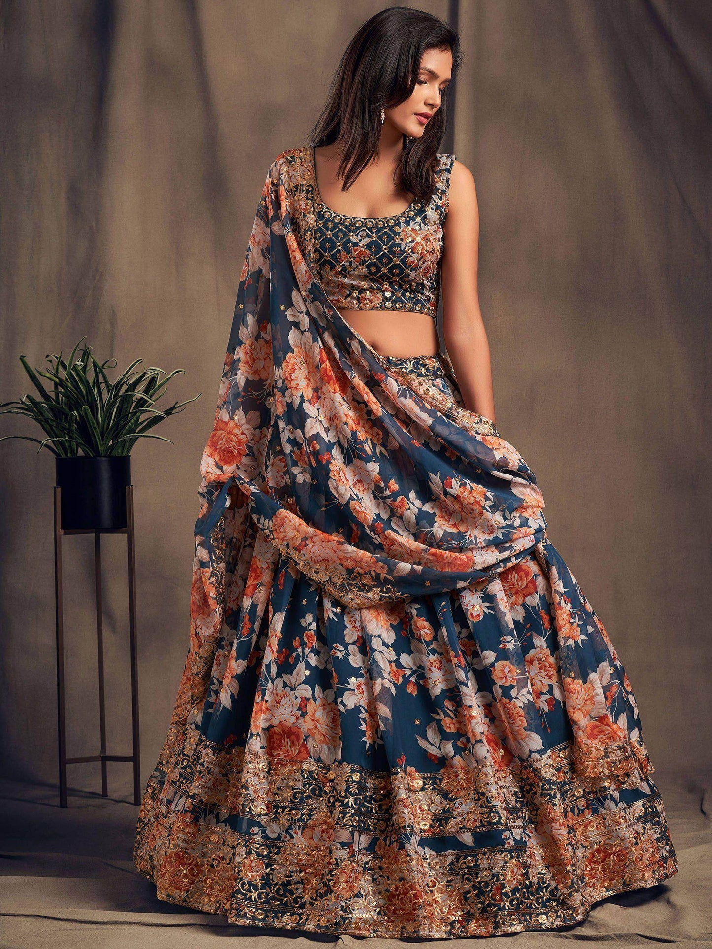 Dove Blue Floral Embroidered Organza Wedding Wear Lehenga Choli