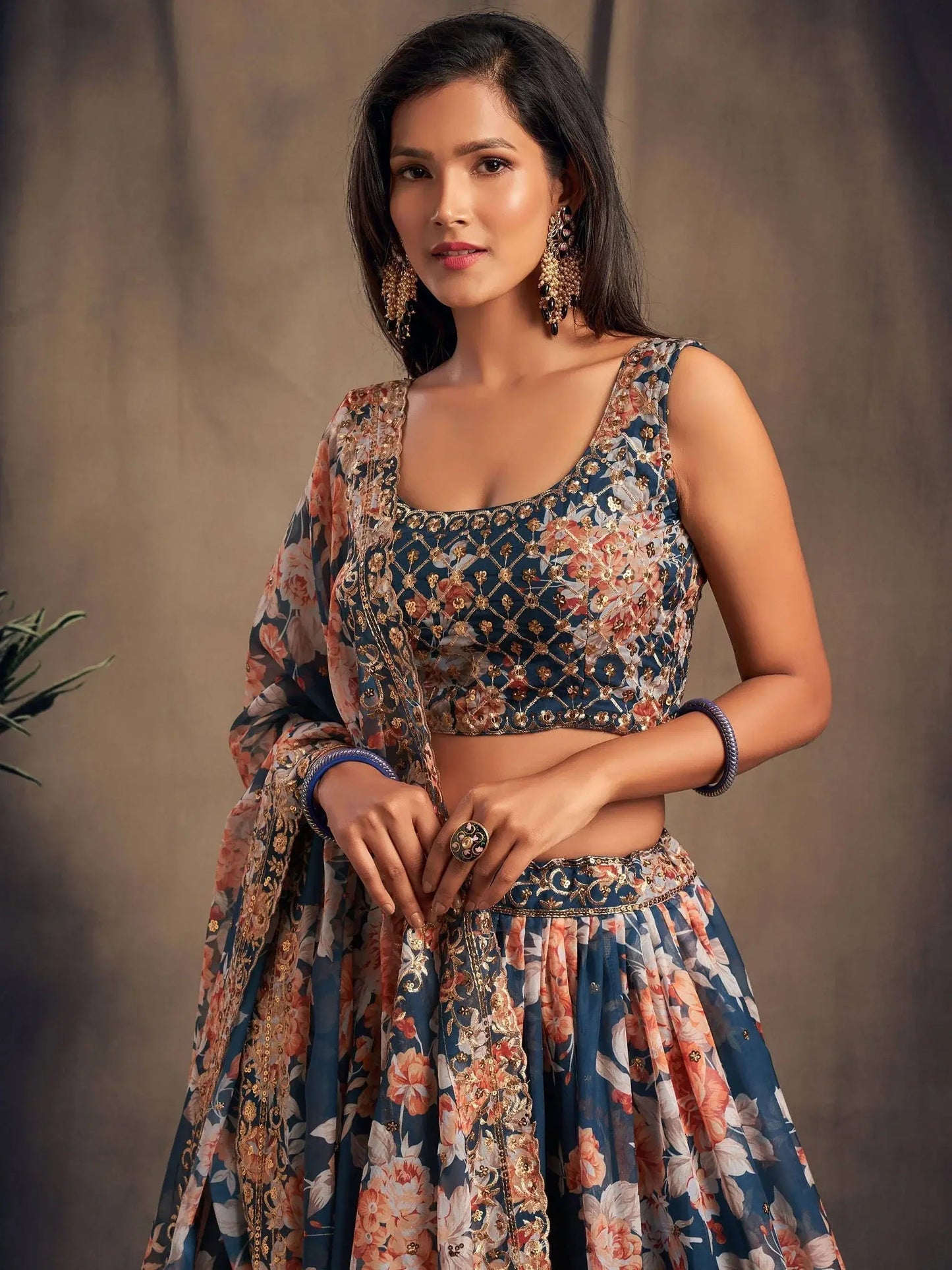 Dove Blue Floral Embroidered Organza Wedding Wear Lehenga Choli