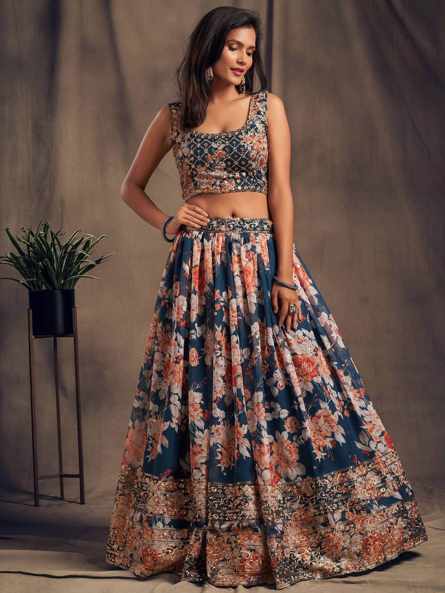 Dove Blue Floral Embroidered Organza Wedding Wear Lehenga Choli