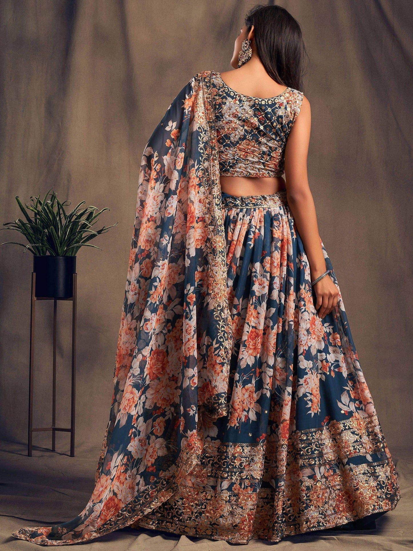 Dove Blue Floral Embroidered Organza Wedding Wear Lehenga Choli