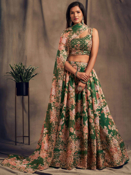 Green Floral Embroidered Organza Wedding Wear Lehenga Choli
