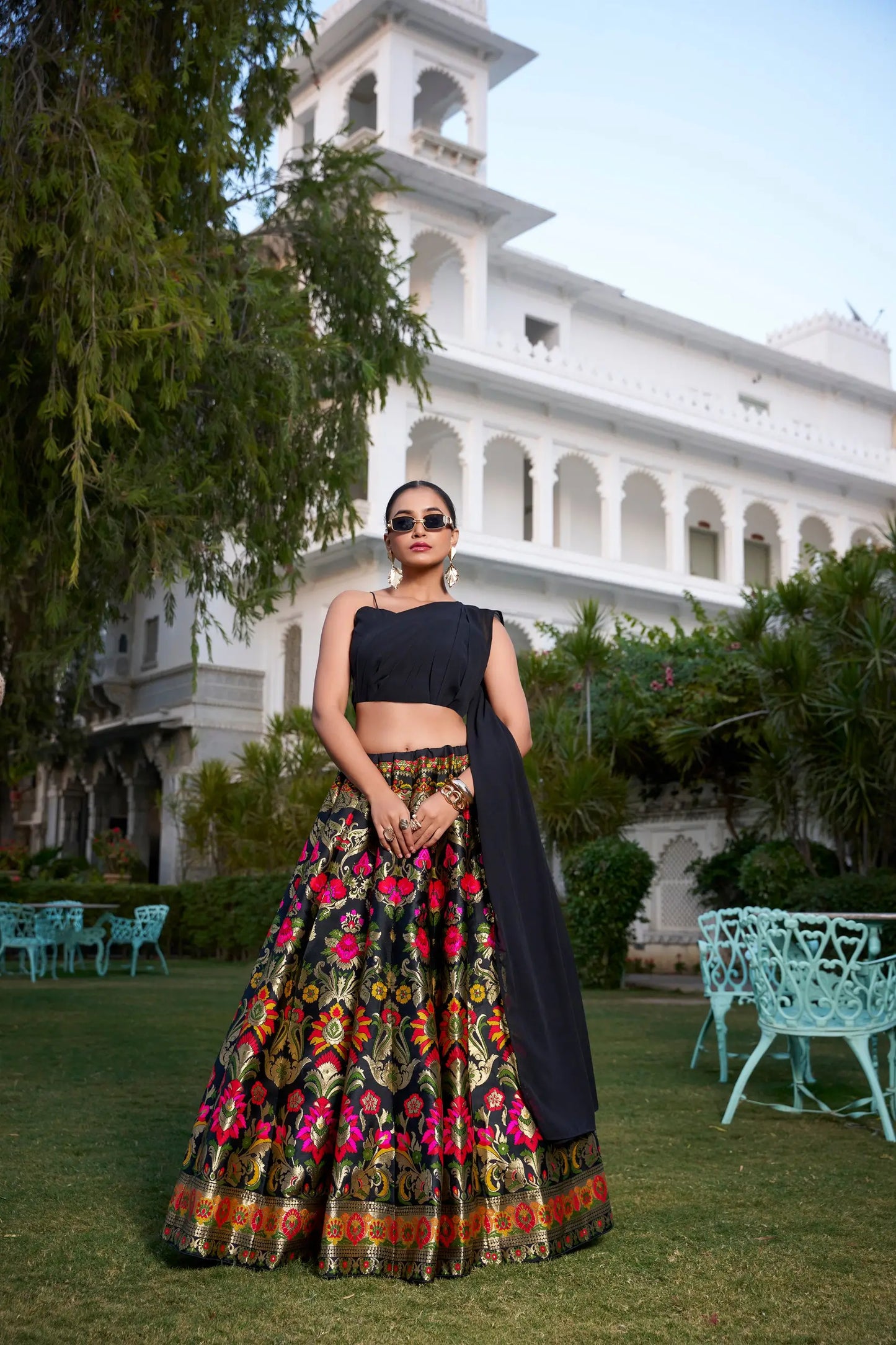 Black Banarasi Silk Crop top Lehenga Choli