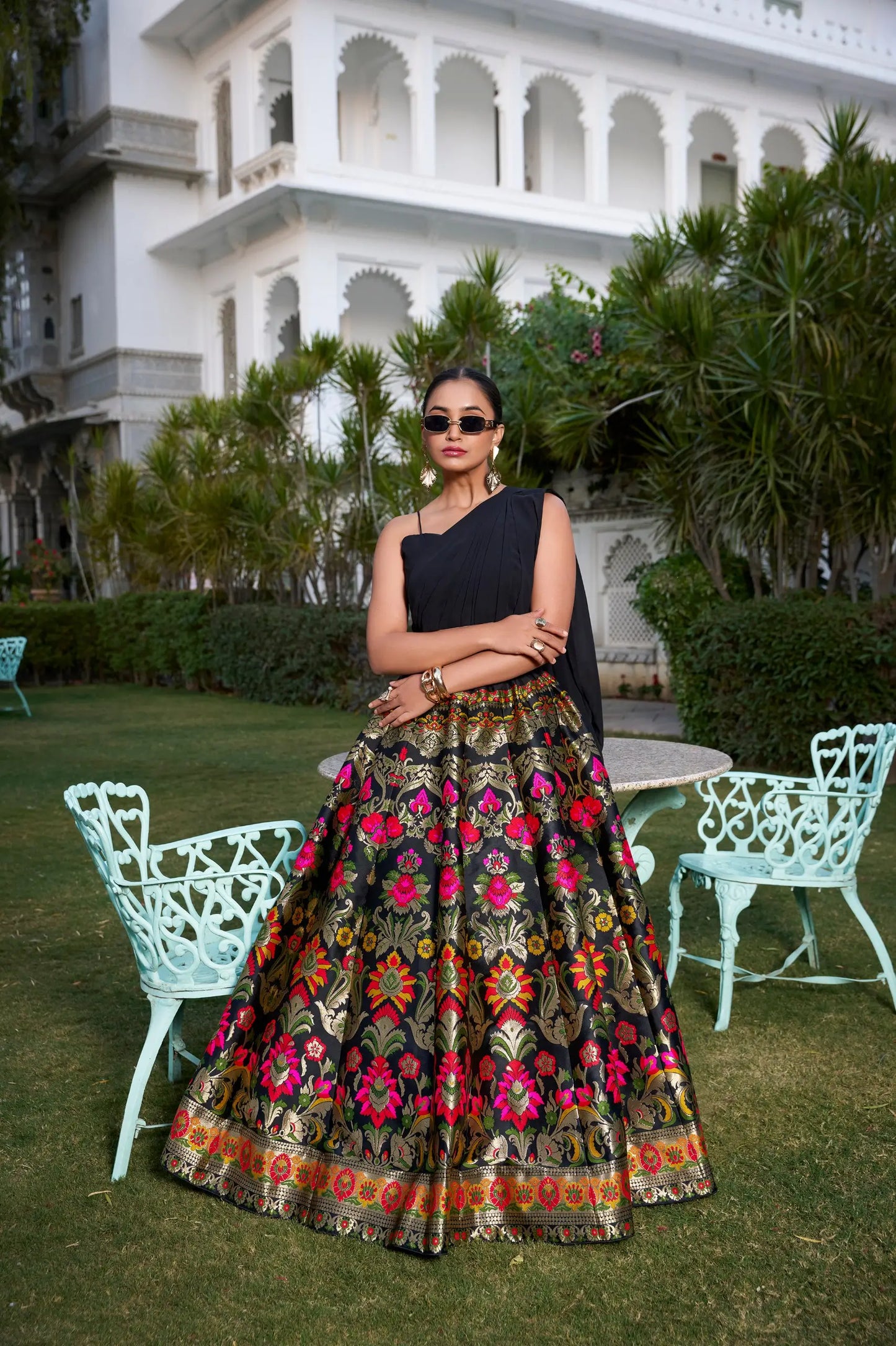 Black Banarasi Silk Crop top Lehenga Choli