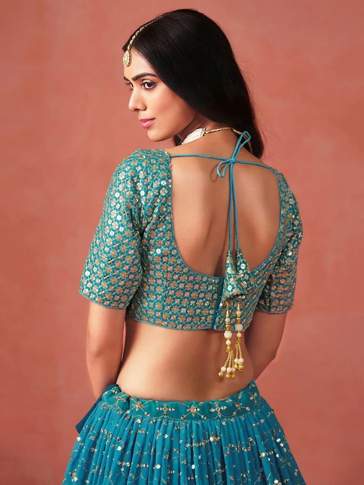 Adorable Teal Blue Georgette Zari Embroidered Lehenga Choli