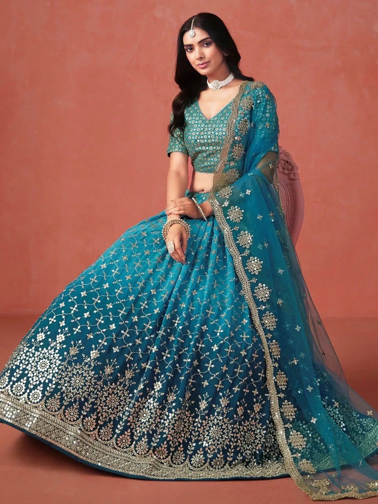 Adorable Teal Blue Georgette Zari Embroidered Lehenga Choli