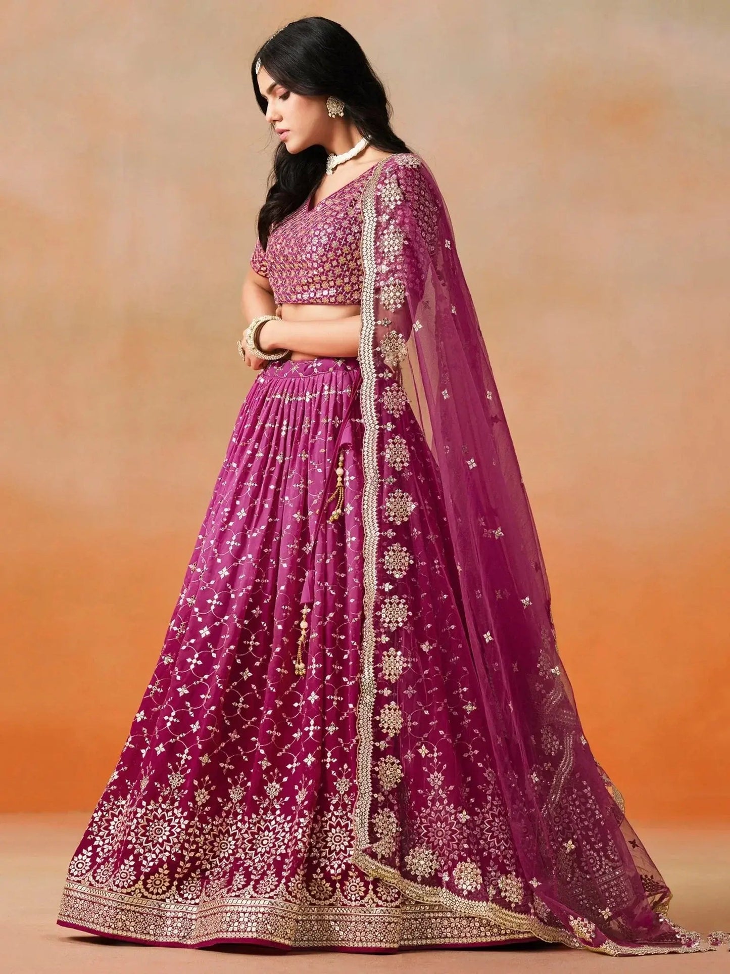 Alluring Rose Pink Zari Work Sangeet Wear Lehenga Choli