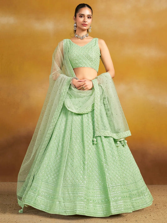 Amazing Mint Green Thread Work Georgette Event Wear Lehenga Choli - Zeel Clothing
