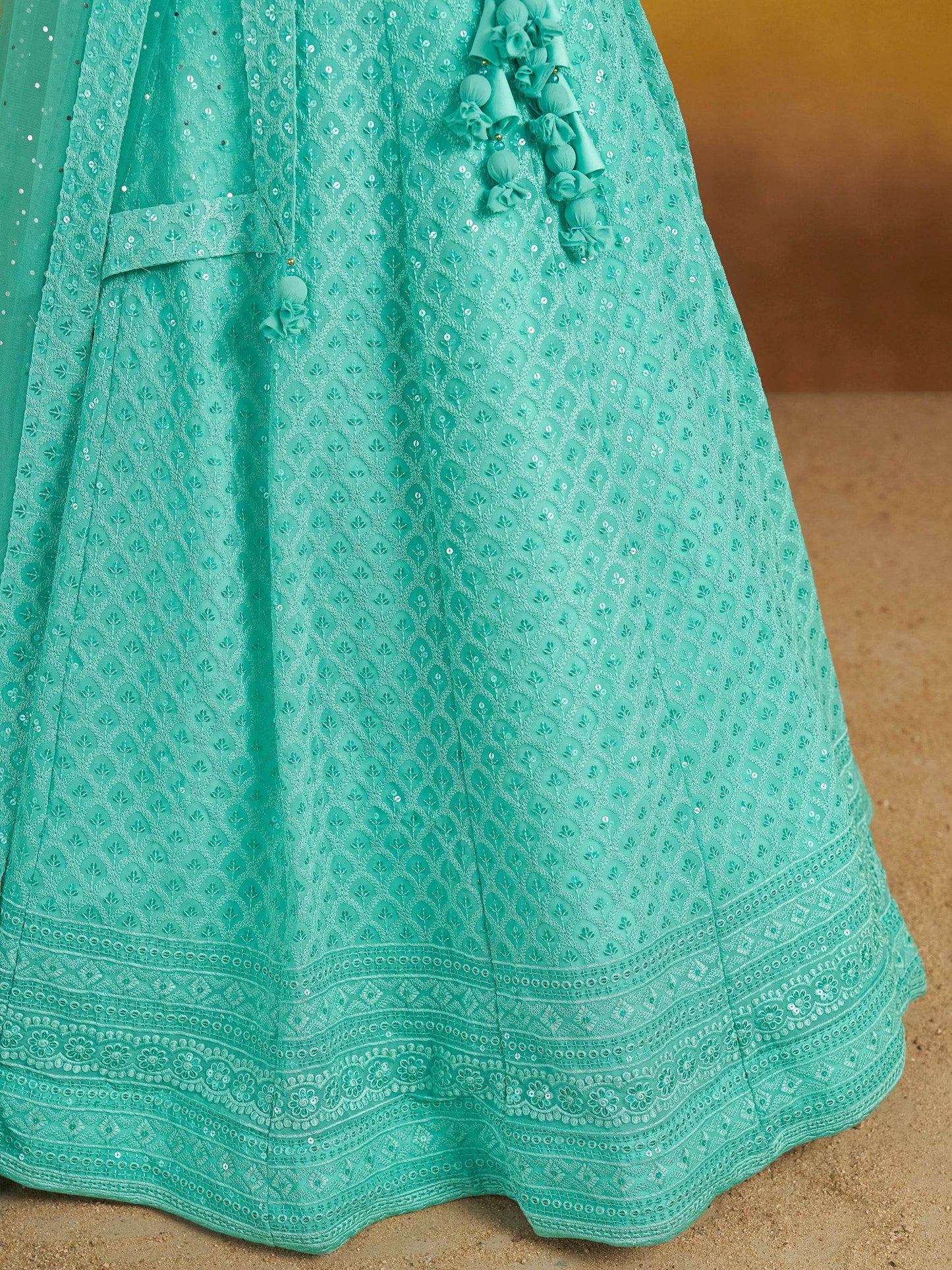 Astounding Sky-Blue Sequins Georgette Engagement Wear Lehenga Choli