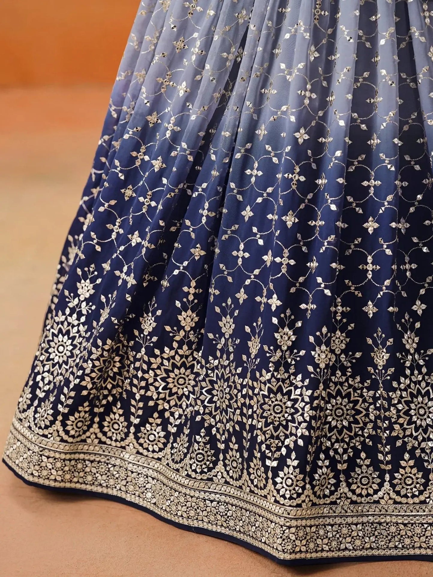 Attractive Navy Blue Embroidered Reception Wear Lehenga Choli