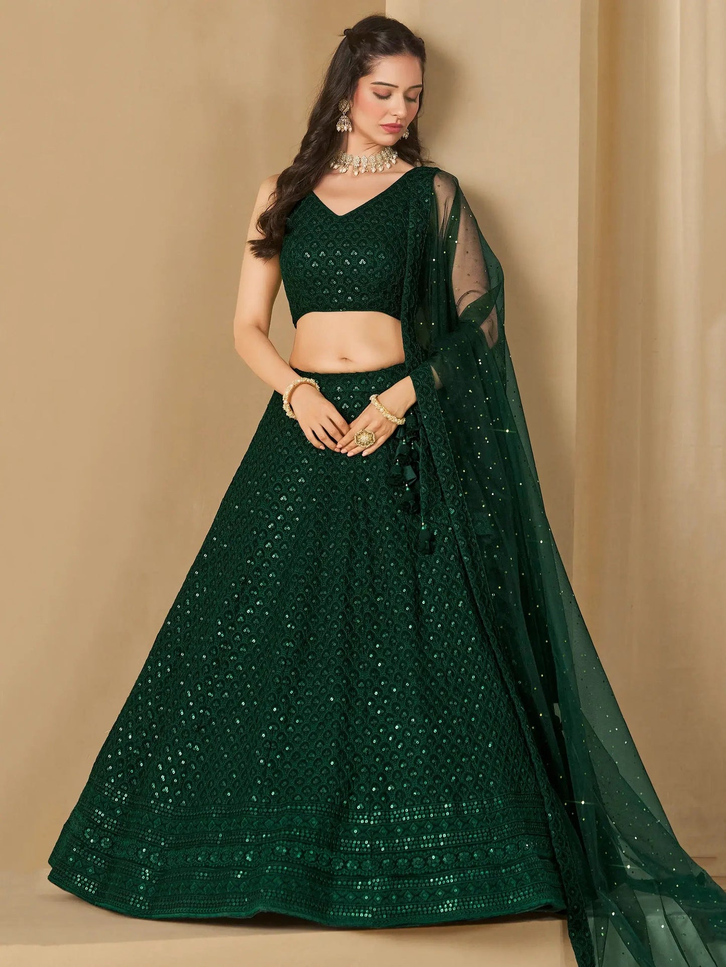 Awesome Green Sequins Georgette Festival Wear Lehenga Choli