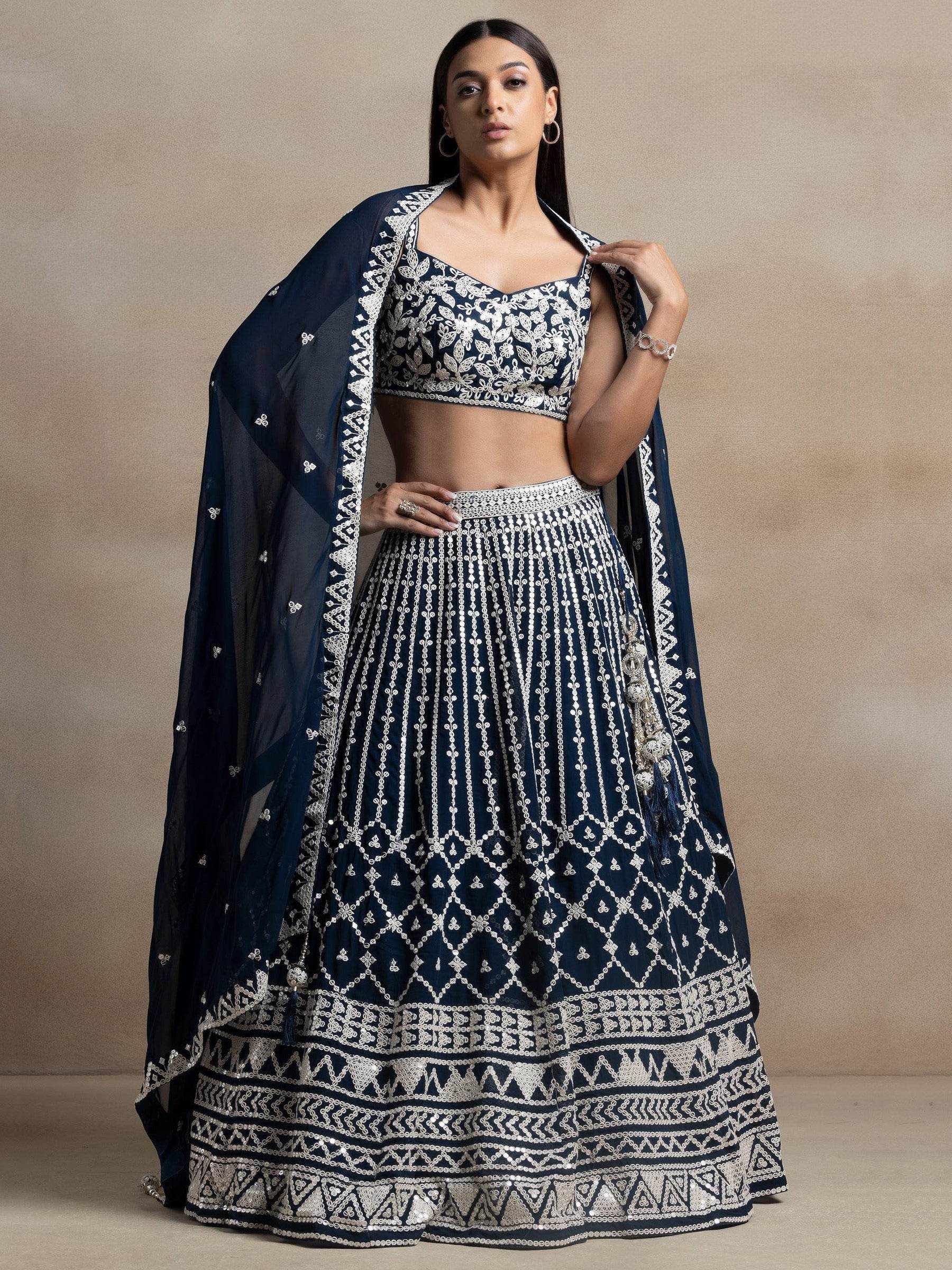 Beautiful Navy Blue Thread Work Georgette Reception Wear Lehenga Choli - Zeel Clothing