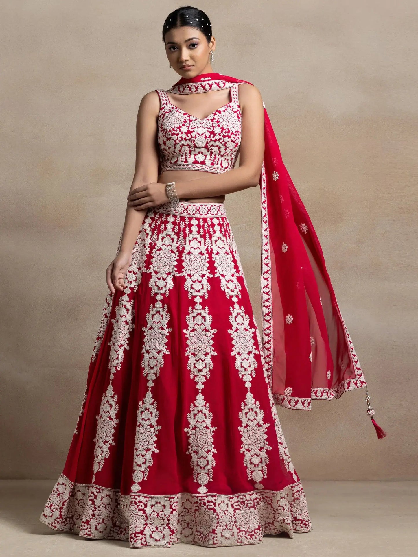 Bewitching Red Thread Work Georgette Wedding Wear Lehenga Choli - Zeel Clothing