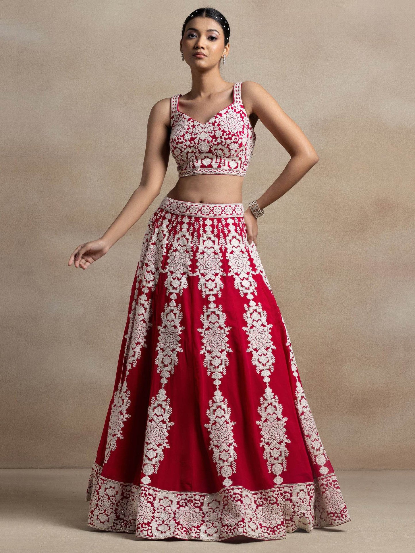 Bewitching Red Thread Work Georgette Wedding Wear Lehenga Choli