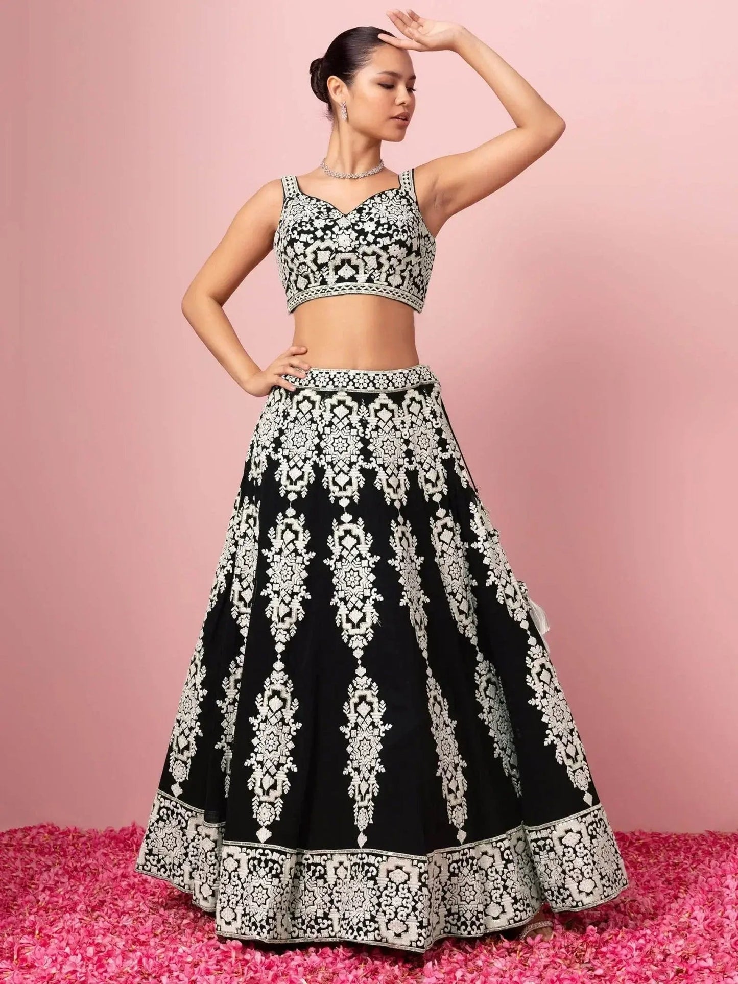 Captivating Black Thread Work Georgette Reception Wear Lehenga Choli