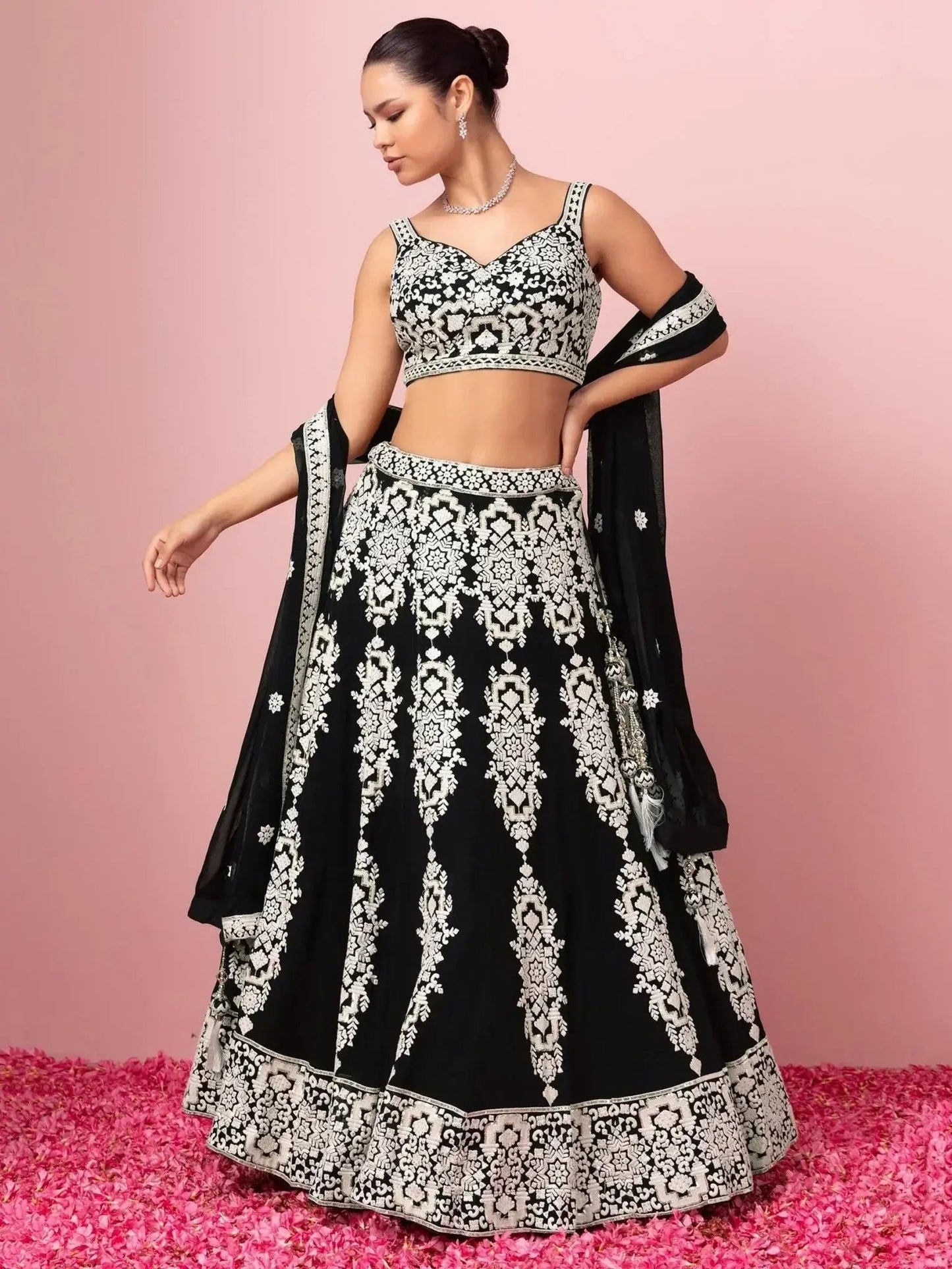 Captivating Black Thread Work Georgette Reception Wear Lehenga Choli