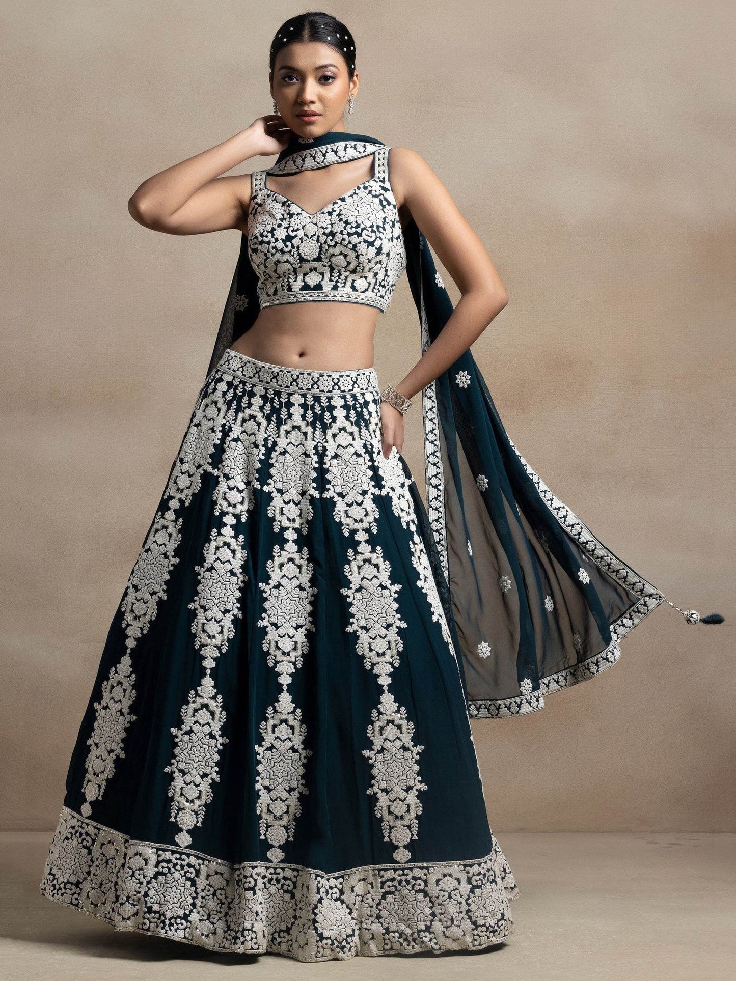 Captivating Dark Green Thread Work Georgette Lehenga Choli With Dupatta - Zeel Clothing