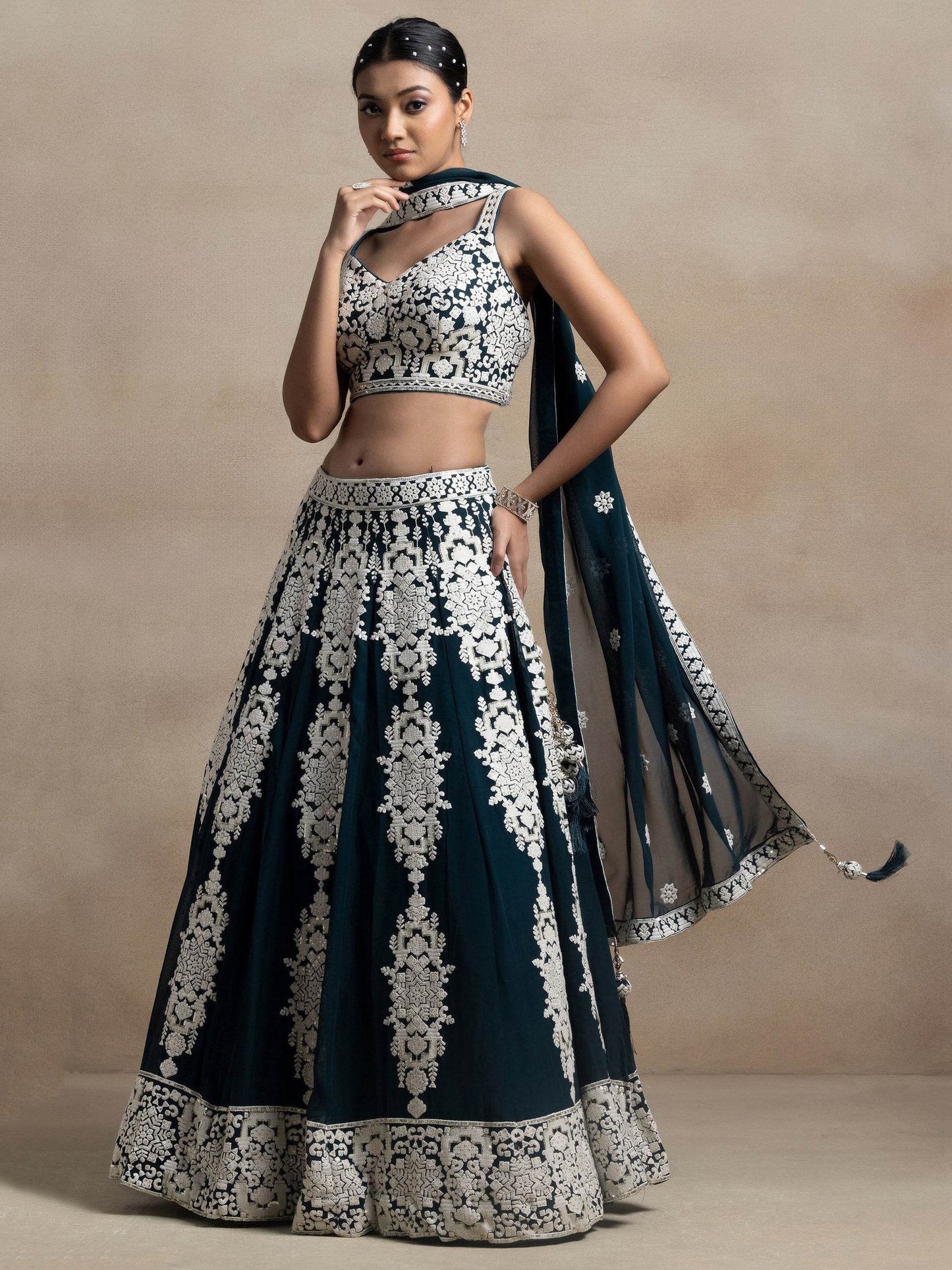 Captivating Dark Green Thread Work Georgette Lehenga Choli With Dupatta