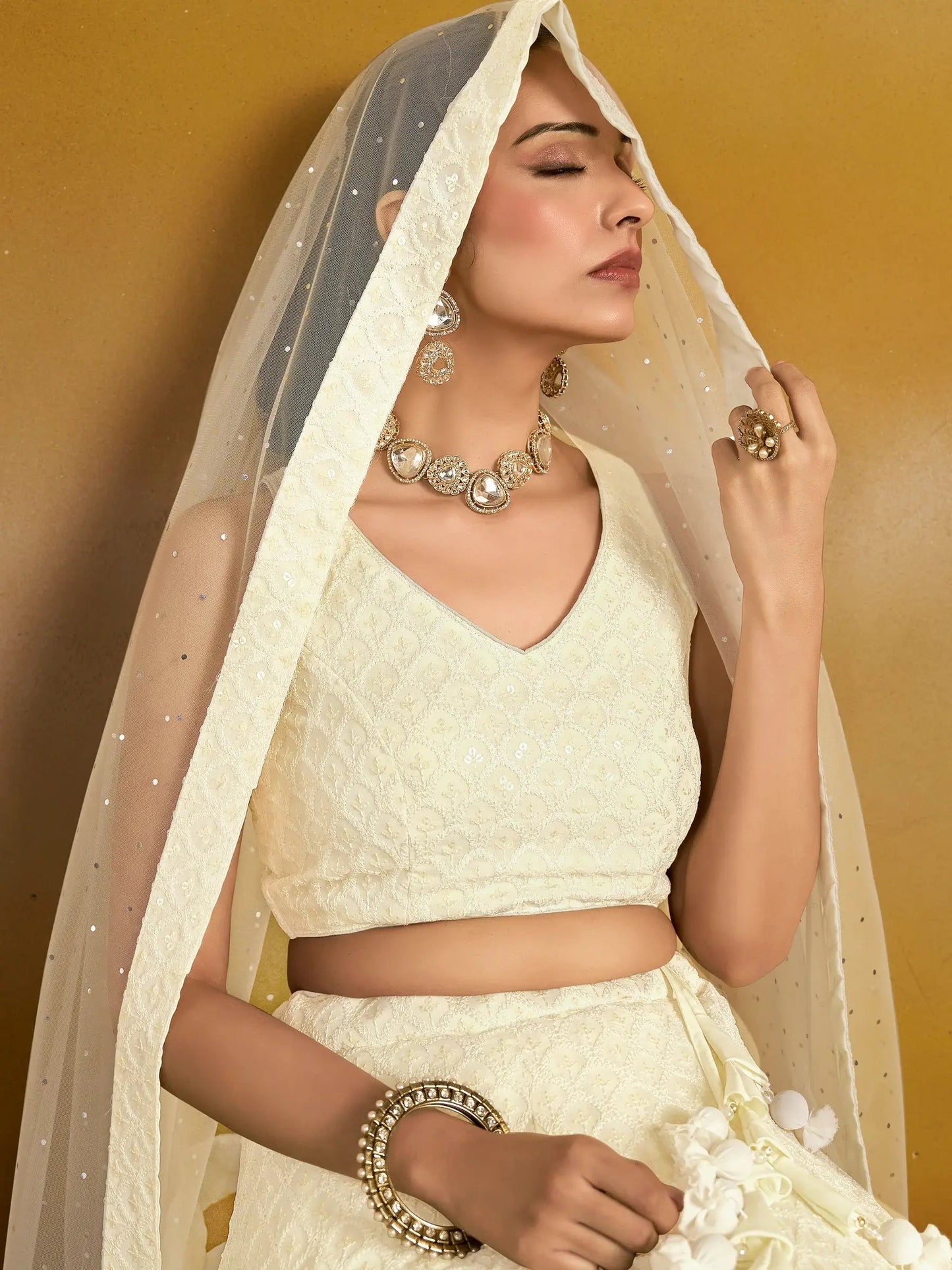 Enchanting Off-White Thread Work Georgette Traditional Lehenga Choli