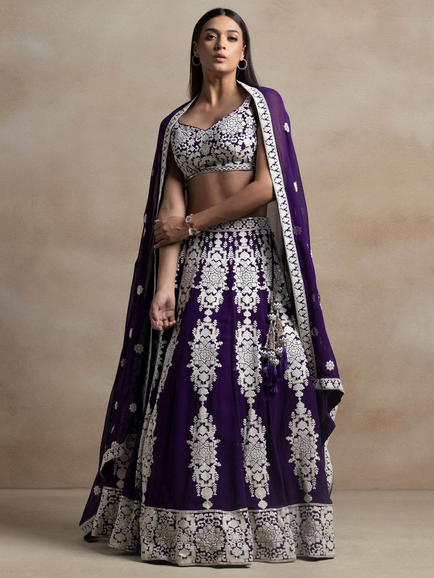 Enchanting Purple Thread Work Georgette Reception Wear Lehenga Choli With Dupatta