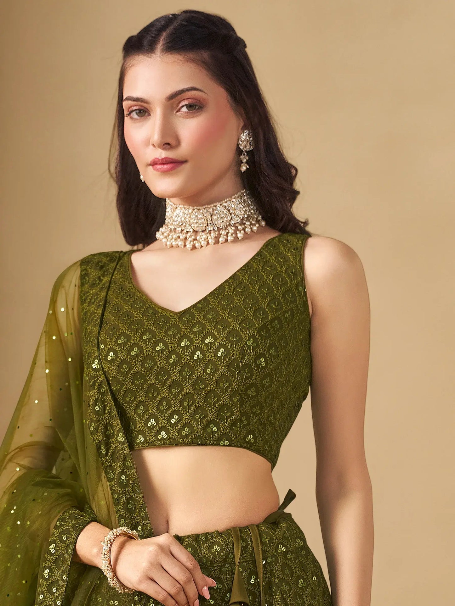 Excellent Olive Green Thread Work Georgette Wedding Lehenga Choli