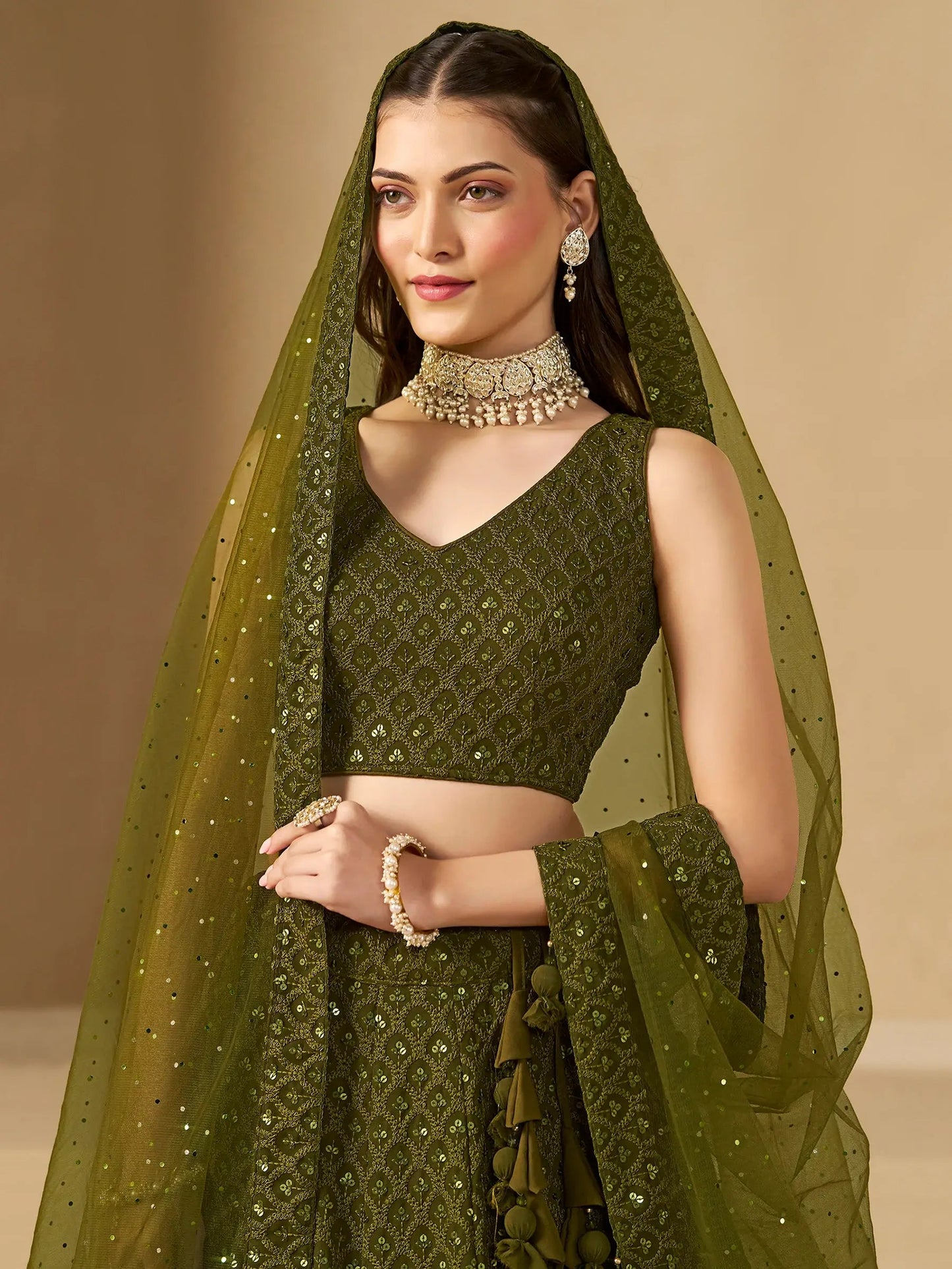 Excellent Olive Green Thread Work Georgette Wedding Lehenga Choli