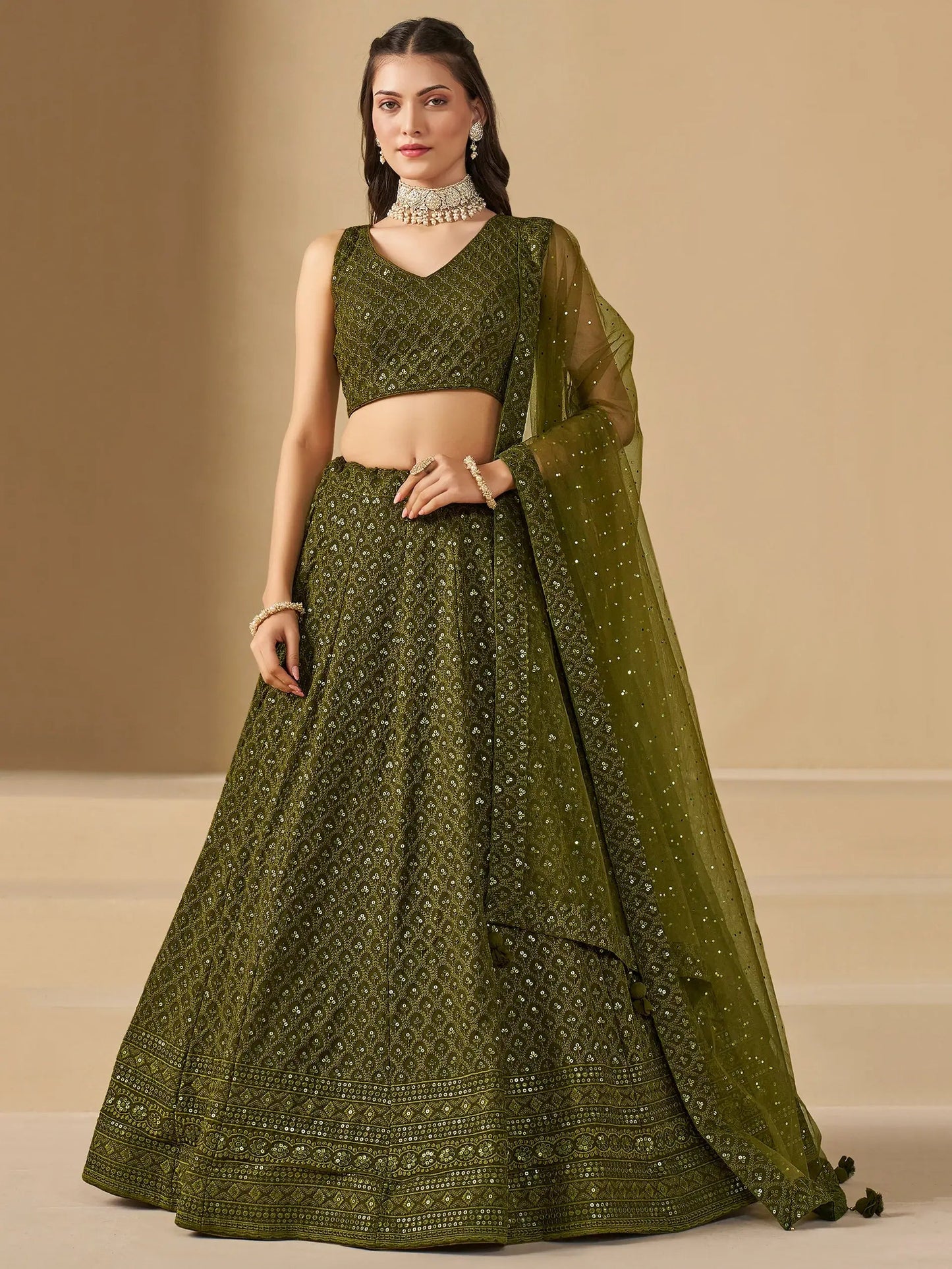 Excellent Olive Green Thread Work Georgette Wedding Lehenga Choli - Zeel Clothing