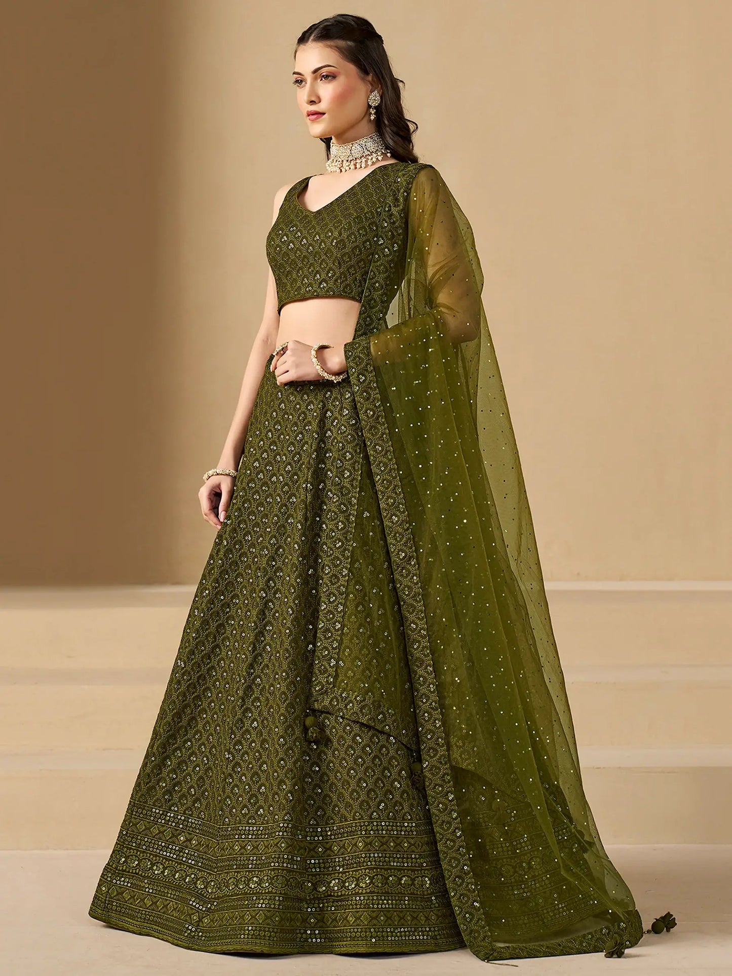Excellent Olive Green Thread Work Georgette Wedding Lehenga Choli