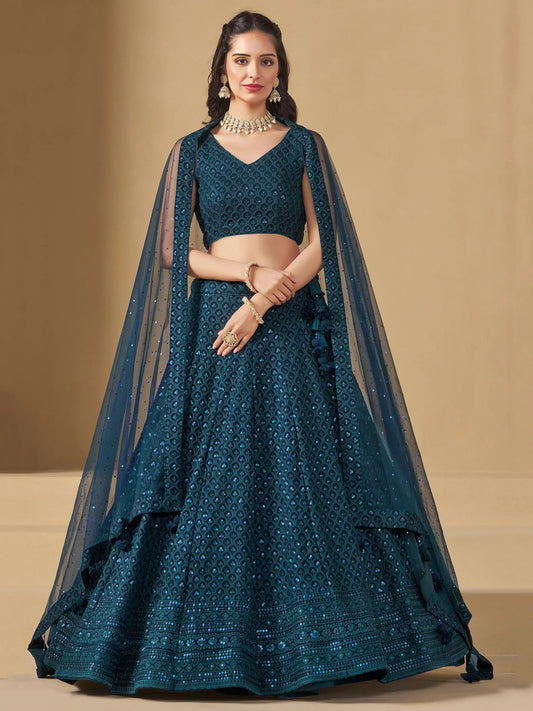Fabulous Teal Blue Thread Embroidered Georgette Lehenga Choli - Zeel Clothing