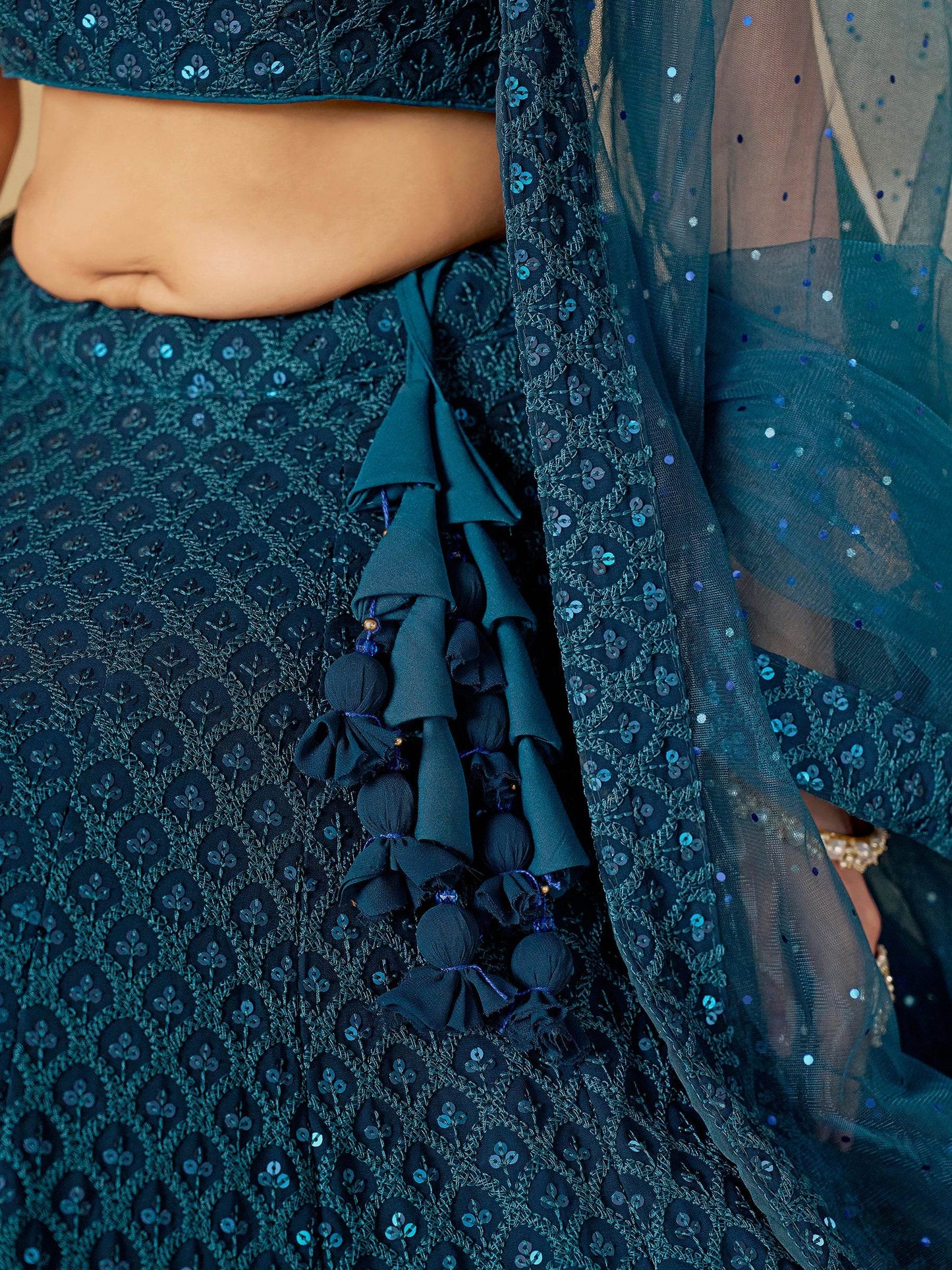 Fabulous Teal Blue Thread Embroidered Georgette Lehenga Choli