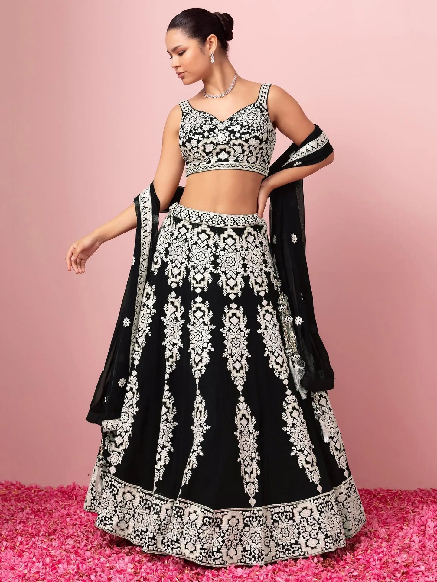 Glamorous Black Thread Work Georgette Traditional Wear Lehenga Choli